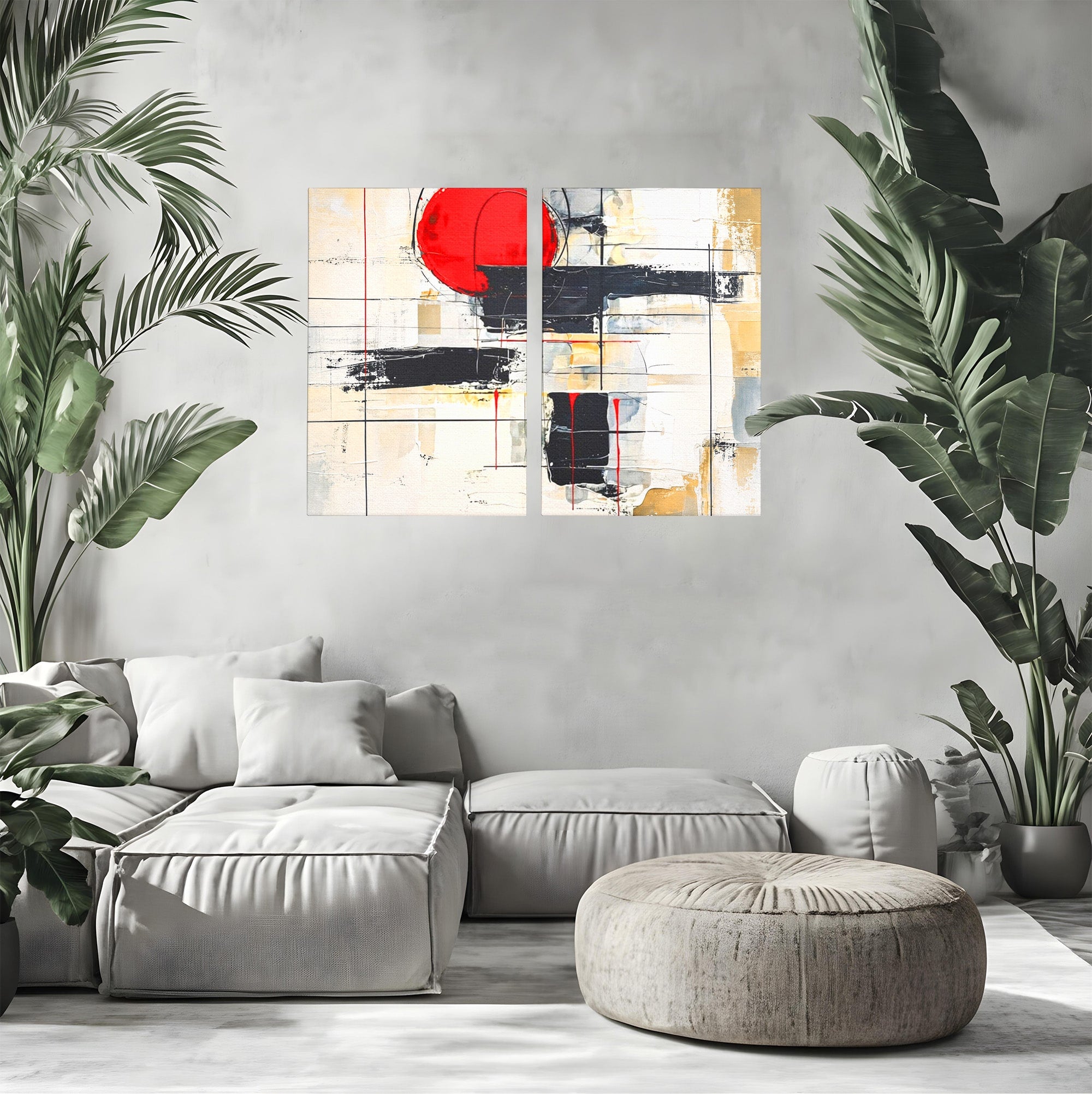 Set 2 Tablouri Canvas Premium LuxCanva® J2-1029, Cercul Vietii, Energie, Foc, Abstract, Rosu, Negru, Cercuri, Explozie, Contrast, Pasiune, Minimalism, Geometrie, Living, Dormitor