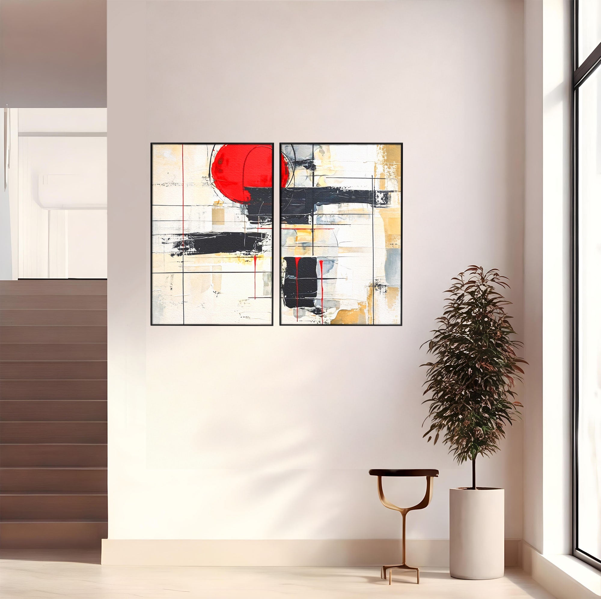 Set 2 Tablouri Canvas Premium LuxCanva® J2-1029, Cercul Vietii, Energie, Foc, Abstract, Rosu, Negru, Cercuri, Explozie, Contrast, Pasiune, Minimalism, Geometrie, Living, Dormitor