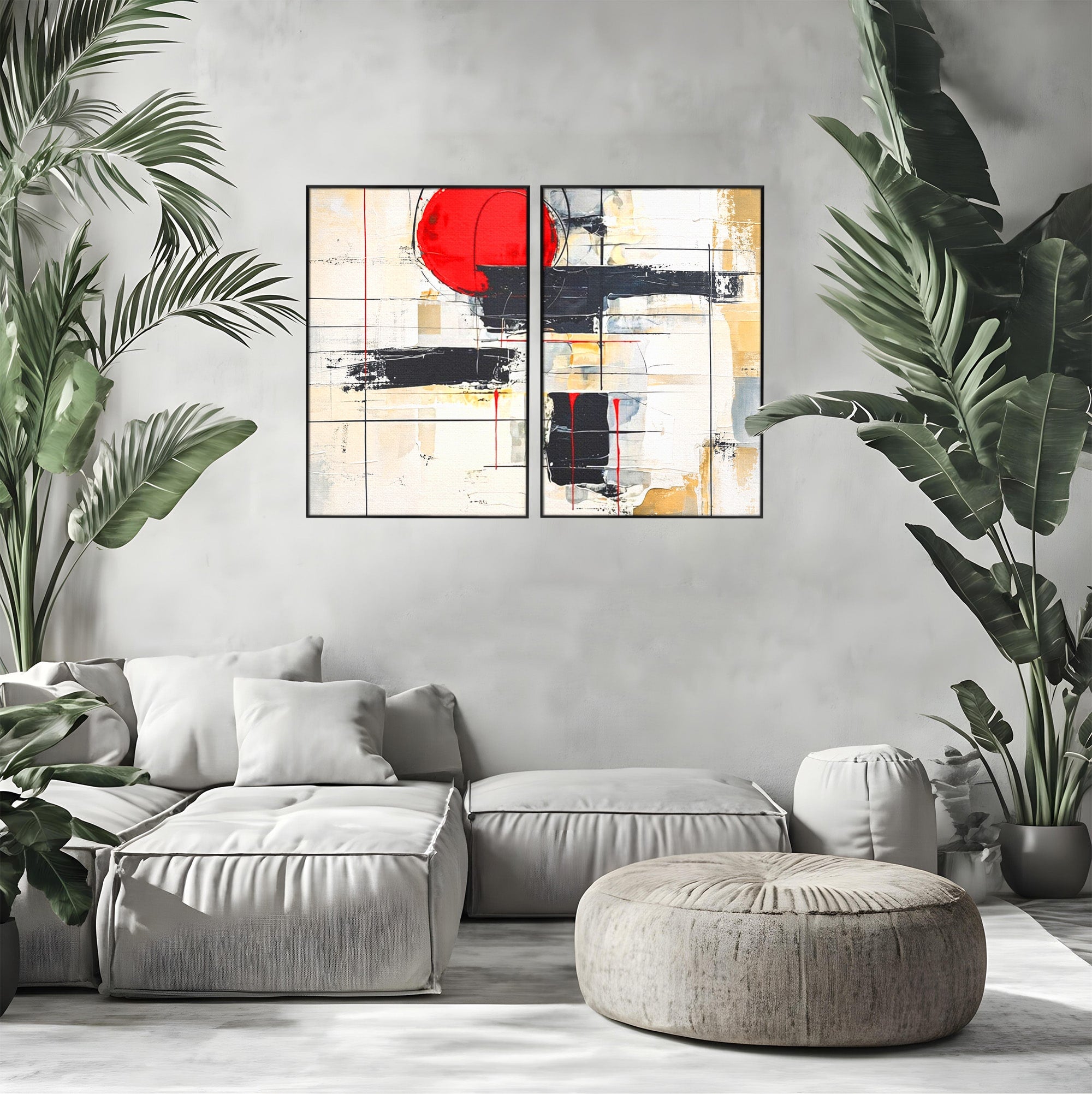 Set 2 Tablouri Canvas Premium LuxCanva® J2-1029, Cercul Vietii, Energie, Foc, Abstract, Rosu, Negru, Cercuri, Explozie, Contrast, Pasiune, Minimalism, Geometrie, Living, Dormitor