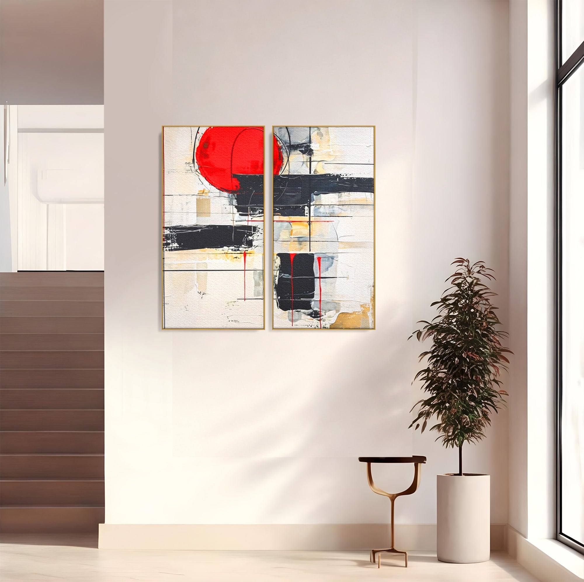 Set 2 Tablouri Canvas Premium LuxCanva® J2-1029, Cercul Vietii, Energie, Foc, Abstract, Rosu, Negru, Cercuri, Explozie, Contrast, Pasiune, Minimalism, Geometrie, Living, Dormitor