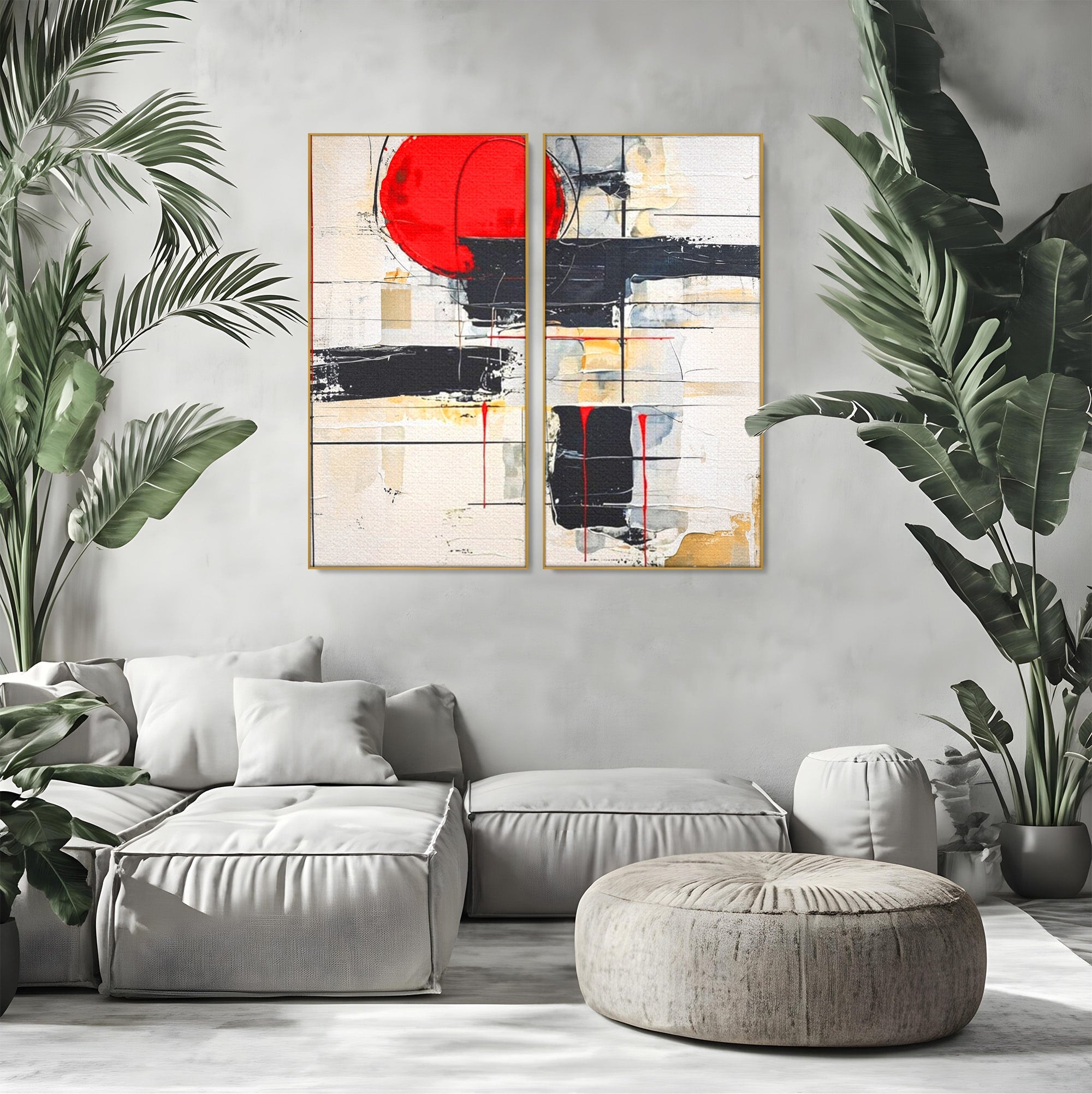 Set 2 Tablouri Canvas Premium LuxCanva® J2-1029, Cercul Vietii, Energie, Foc, Abstract, Rosu, Negru, Cercuri, Explozie, Contrast, Pasiune, Minimalism, Geometrie, Living, Dormitor