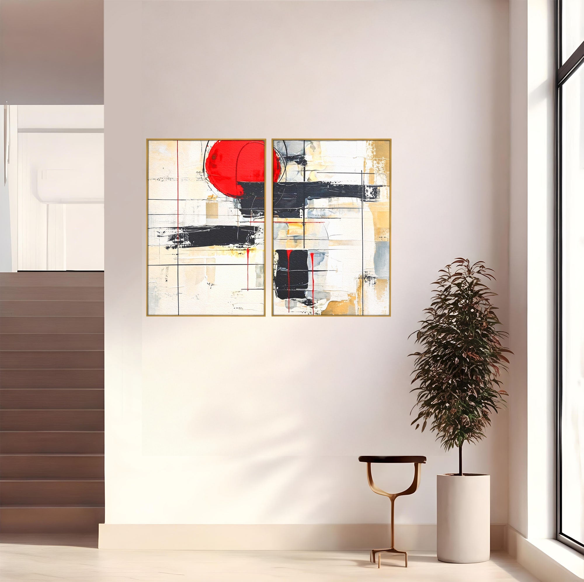 Set 2 Tablouri Canvas Premium LuxCanva® J2-1029, Cercul Vietii, Energie, Foc, Abstract, Rosu, Negru, Cercuri, Explozie, Contrast, Pasiune, Minimalism, Geometrie, Living, Dormitor