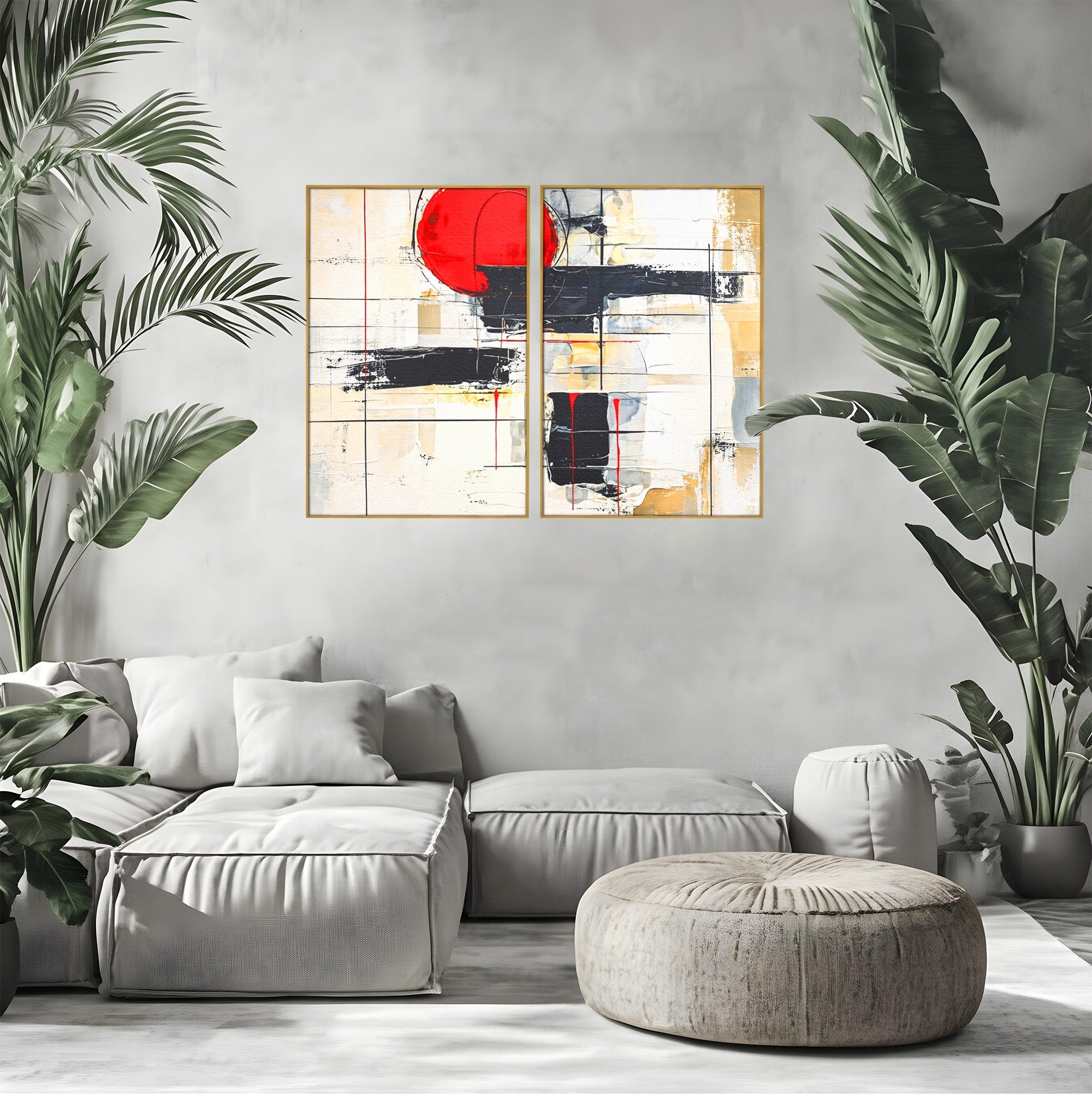 Set 2 Tablouri Canvas Premium LuxCanva® J2-1029, Cercul Vietii, Energie, Foc, Abstract, Rosu, Negru, Cercuri, Explozie, Contrast, Pasiune, Minimalism, Geometrie, Living, Dormitor