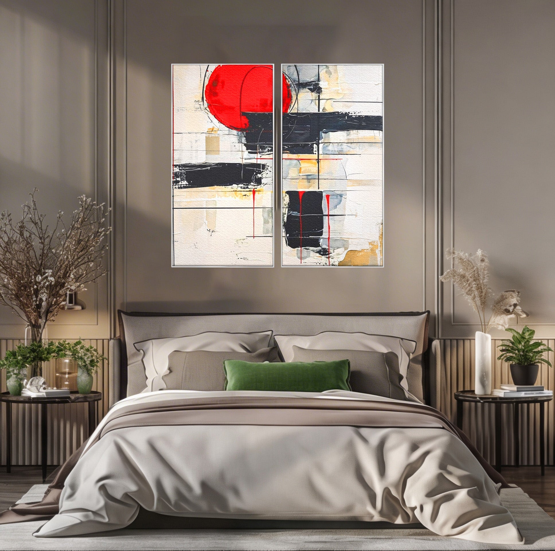 Set 2 Tablouri Canvas Premium LuxCanva® J2-1029, Cercul Vietii, Energie, Foc, Abstract, Rosu, Negru, Cercuri, Explozie, Contrast, Pasiune, Minimalism, Geometrie, Living, Dormitor