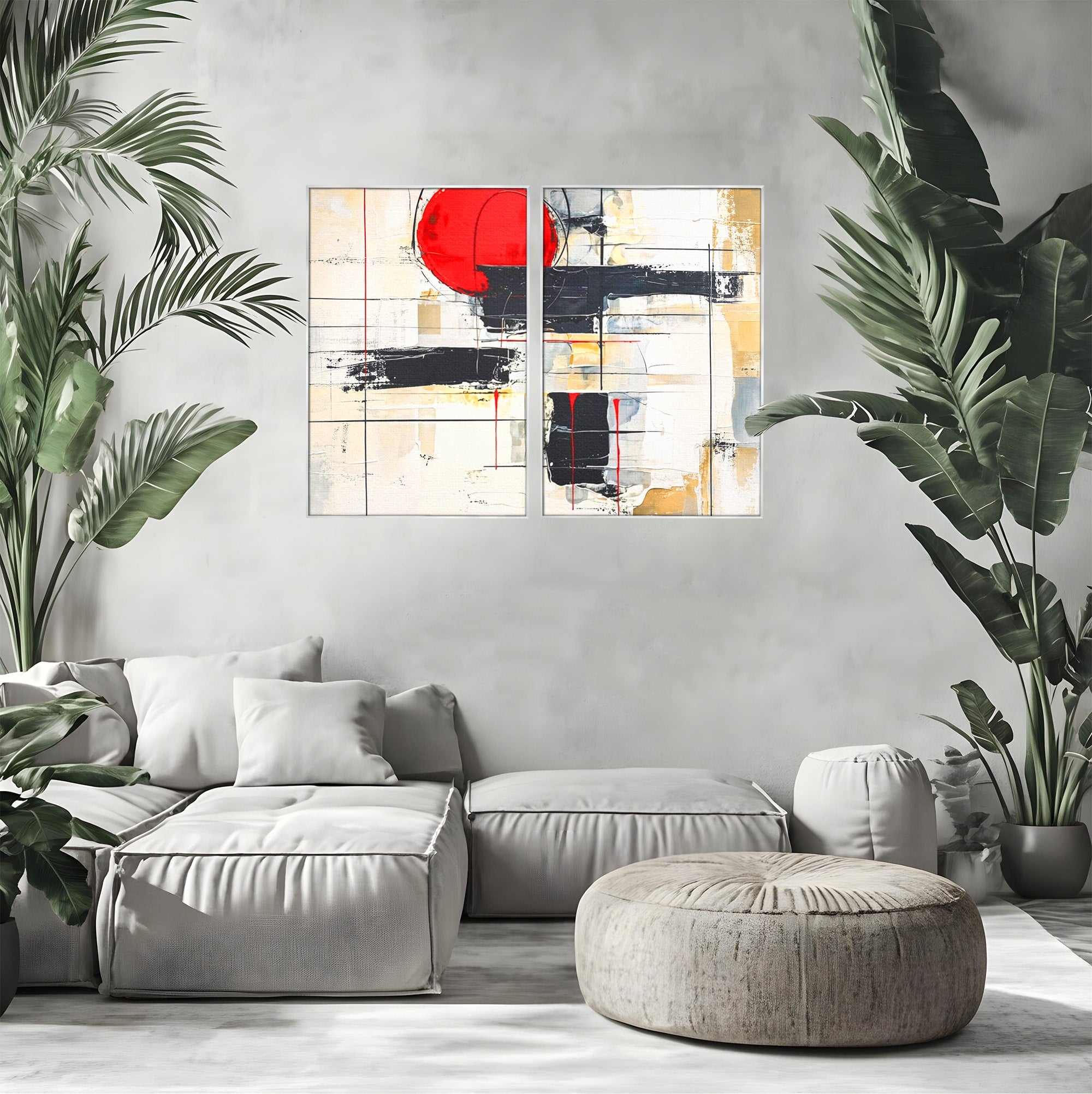 Set 2 Tablouri Canvas Premium LuxCanva® J2-1029, Cercul Vietii, Energie, Foc, Abstract, Rosu, Negru, Cercuri, Explozie, Contrast, Pasiune, Minimalism, Geometrie, Living, Dormitor