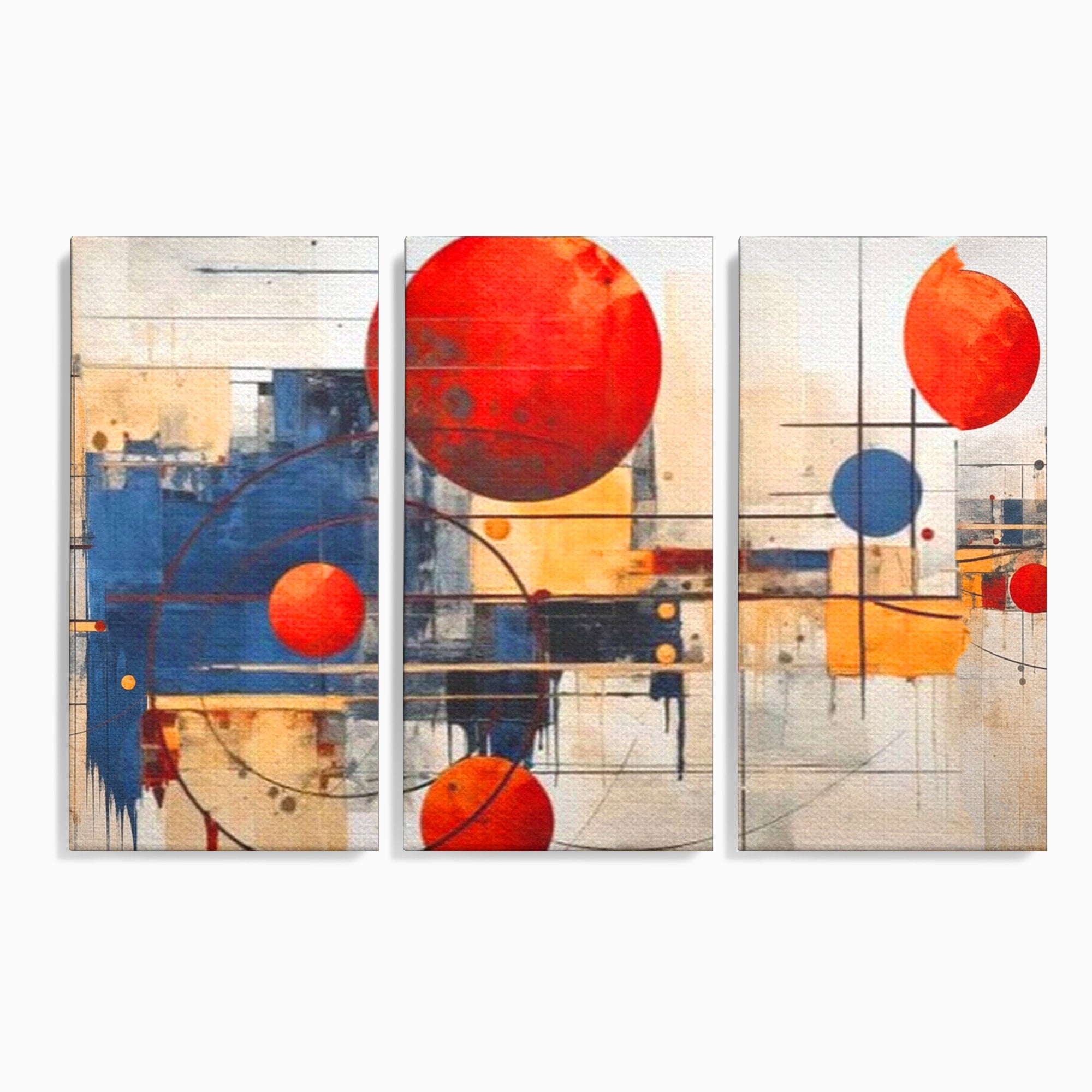 Set 3 Tablouri Canvas Premium LuxCanva® J3-1019, Spatiu Descompus, Sfere, Rosii, Portocaliu, Orbite, Linii, Urban, Contraste, Compozitional, Decorativ, Fantasmic, Living, Dormitor