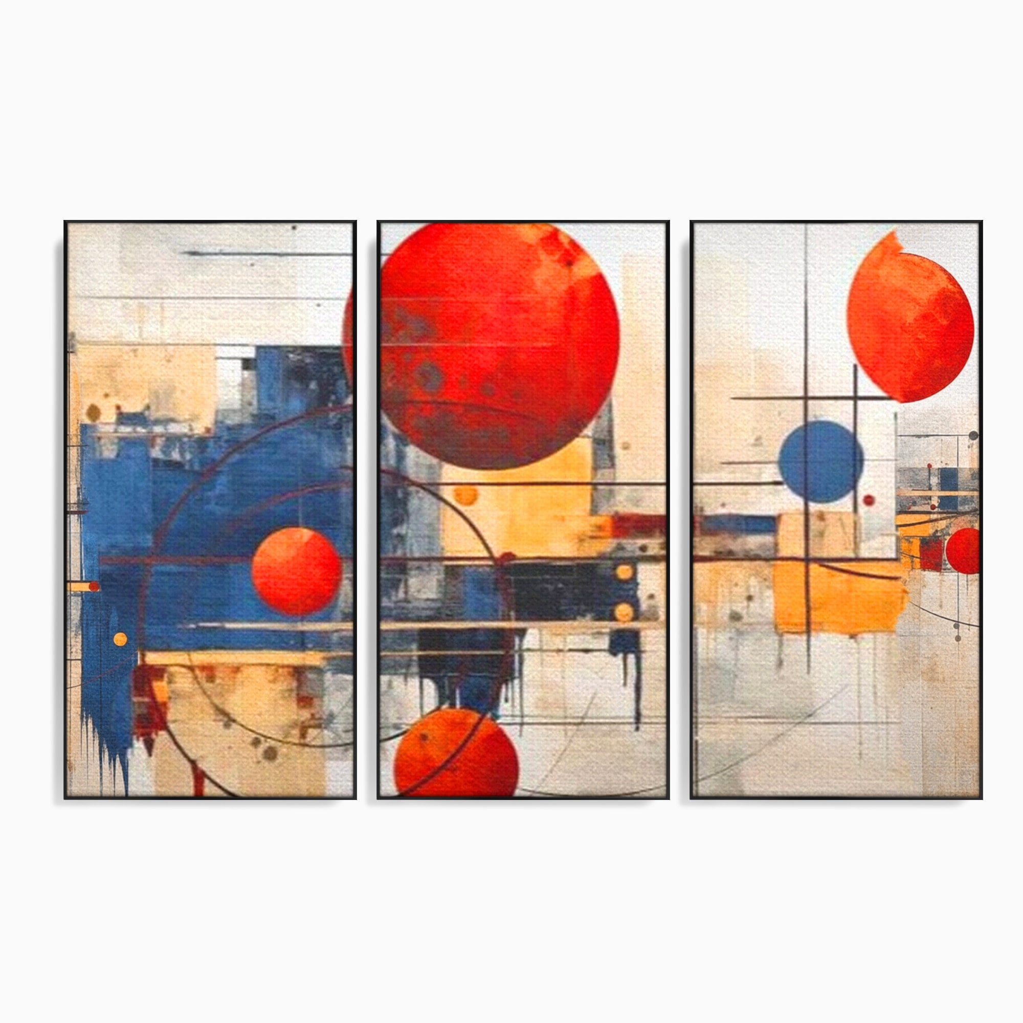 Set 3 Tablouri Canvas Premium LuxCanva® J3-1019, Spatiu Descompus, Sfere, Rosii, Portocaliu, Orbite, Linii, Urban, Contraste, Compozitional, Decorativ, Fantasmic, Living, Dormitor