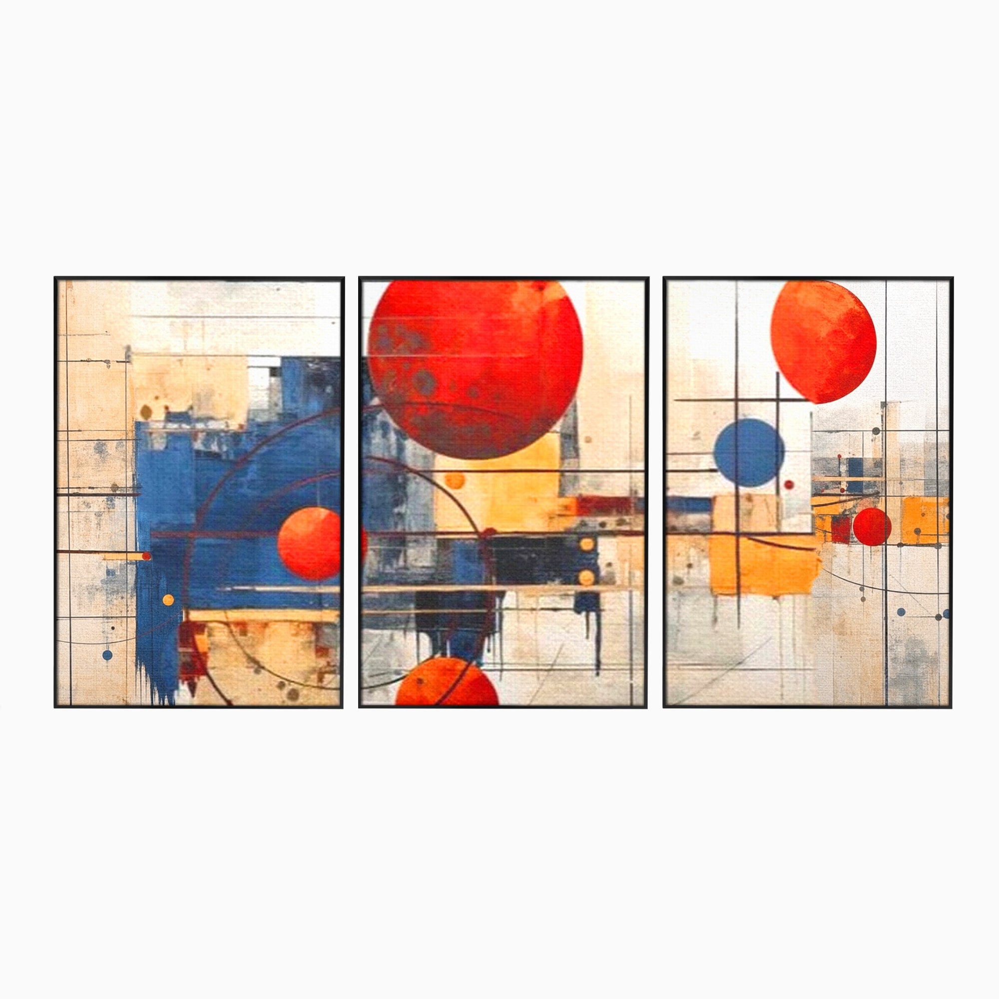 Set 3 Tablouri Canvas Premium LuxCanva® J3-1019, Spatiu Descompus, Sfere, Rosii, Portocaliu, Orbite, Linii, Urban, Contraste, Compozitional, Decorativ, Fantasmic, Living, Dormitor