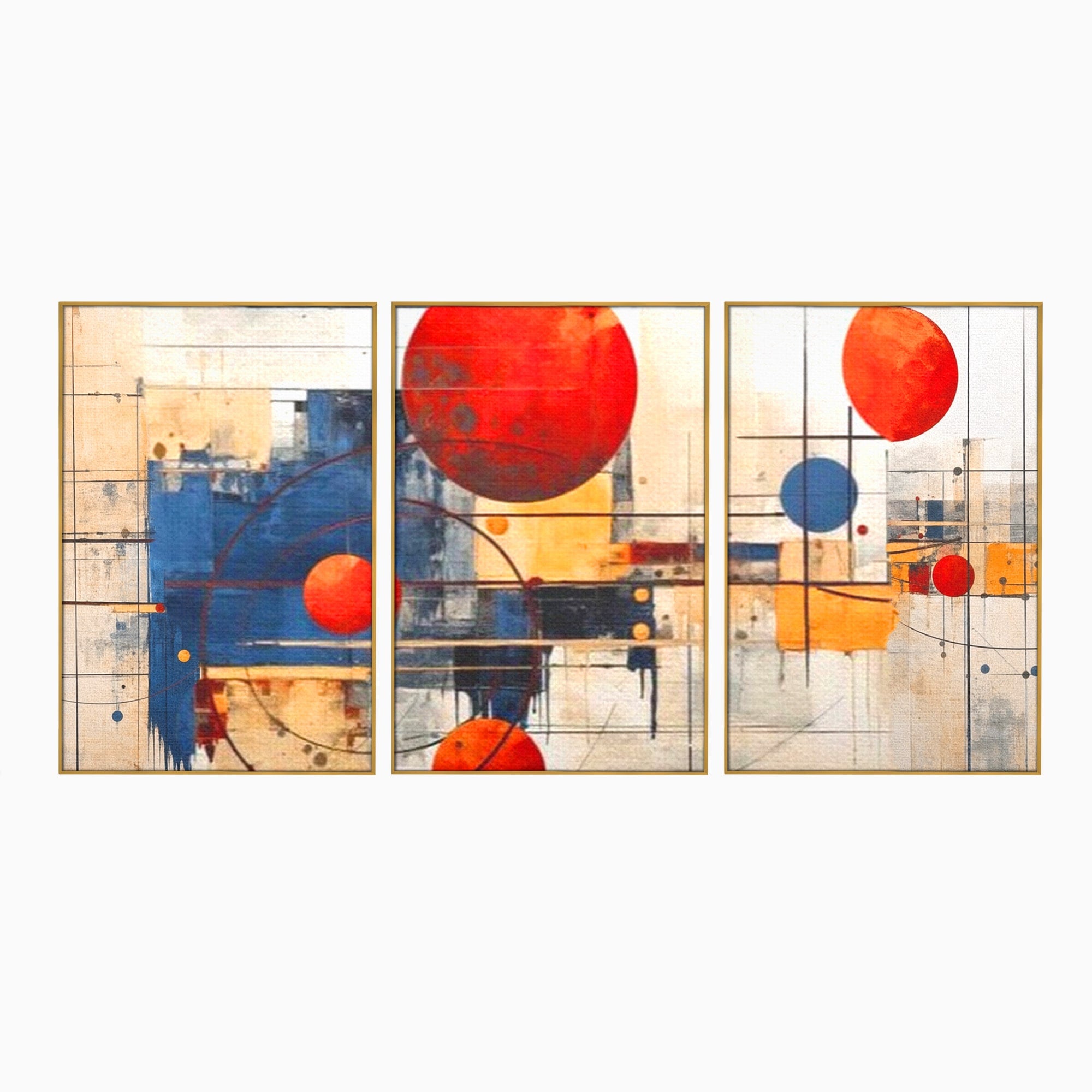 Set 3 Tablouri Canvas Premium LuxCanva® J3-1019, Spatiu Descompus, Sfere, Rosii, Portocaliu, Orbite, Linii, Urban, Contraste, Compozitional, Decorativ, Fantasmic, Living, Dormitor