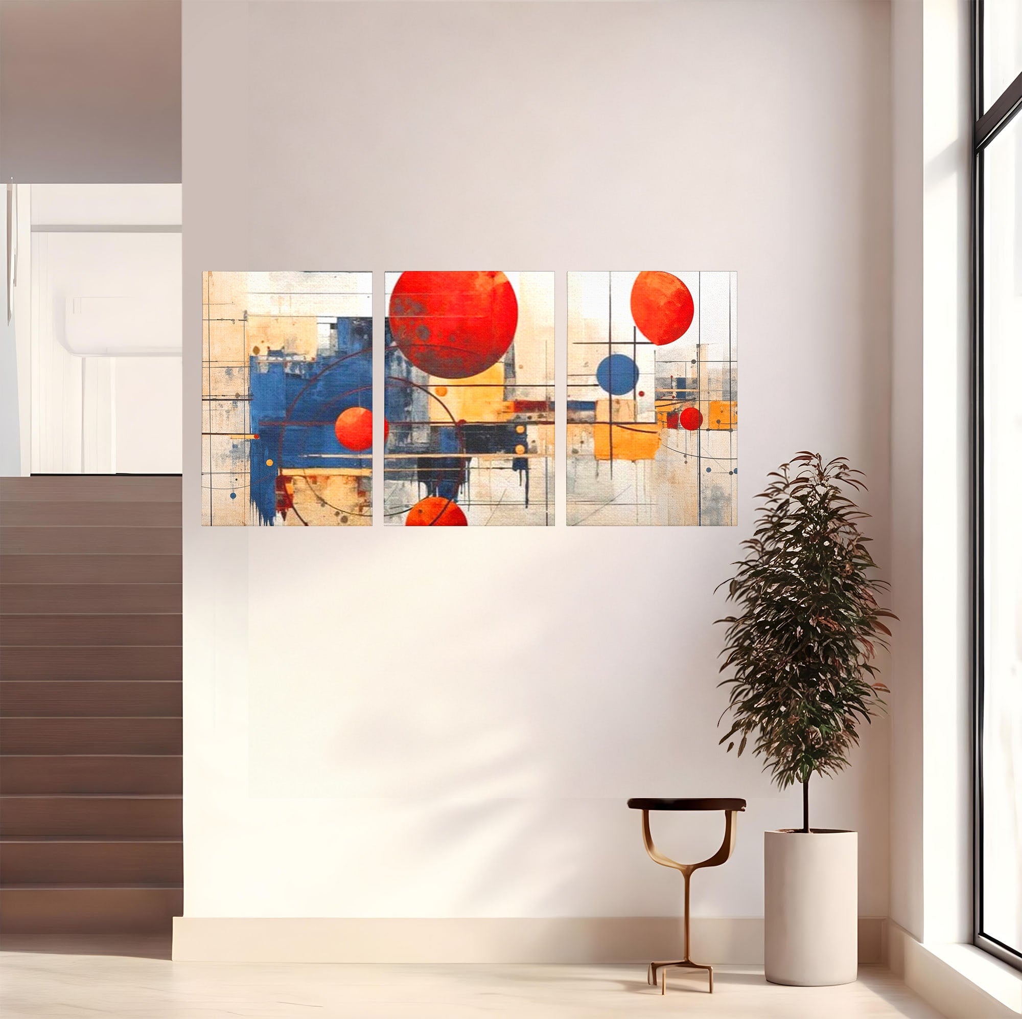 Set 3 Tablouri Canvas Premium LuxCanva® J3-1019, Spatiu Descompus, Sfere, Rosii, Portocaliu, Orbite, Linii, Urban, Contraste, Compozitional, Decorativ, Fantasmic, Living, Dormitor