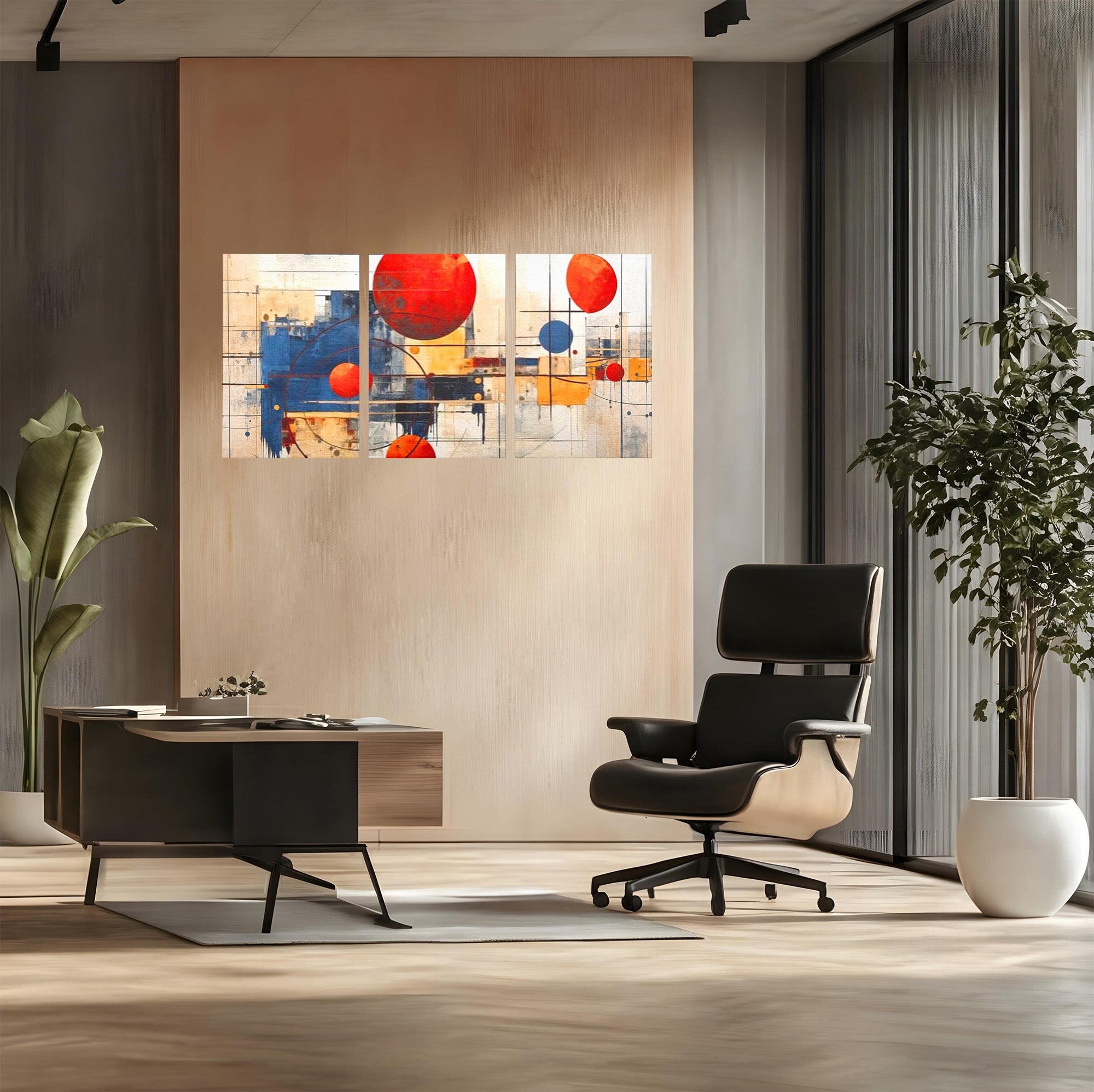 Set 3 Tablouri Canvas Premium LuxCanva® J3-1019, Spatiu Descompus, Sfere, Rosii, Portocaliu, Orbite, Linii, Urban, Contraste, Compozitional, Decorativ, Fantasmic, Living, Dormitor