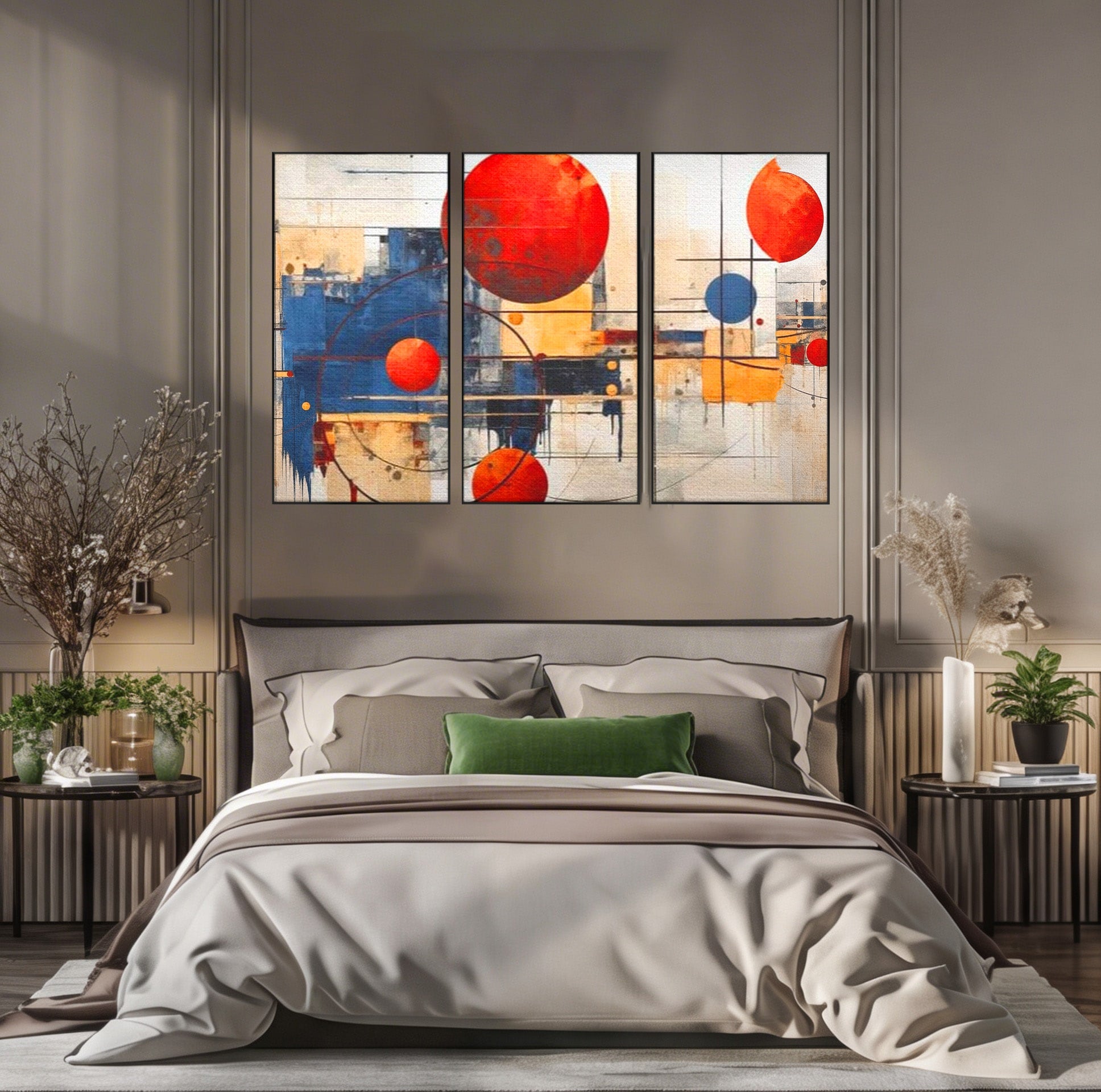 Set 3 Tablouri Canvas Premium LuxCanva® J3-1019, Spatiu Descompus, Sfere, Rosii, Portocaliu, Orbite, Linii, Urban, Contraste, Compozitional, Decorativ, Fantasmic, Living, Dormitor