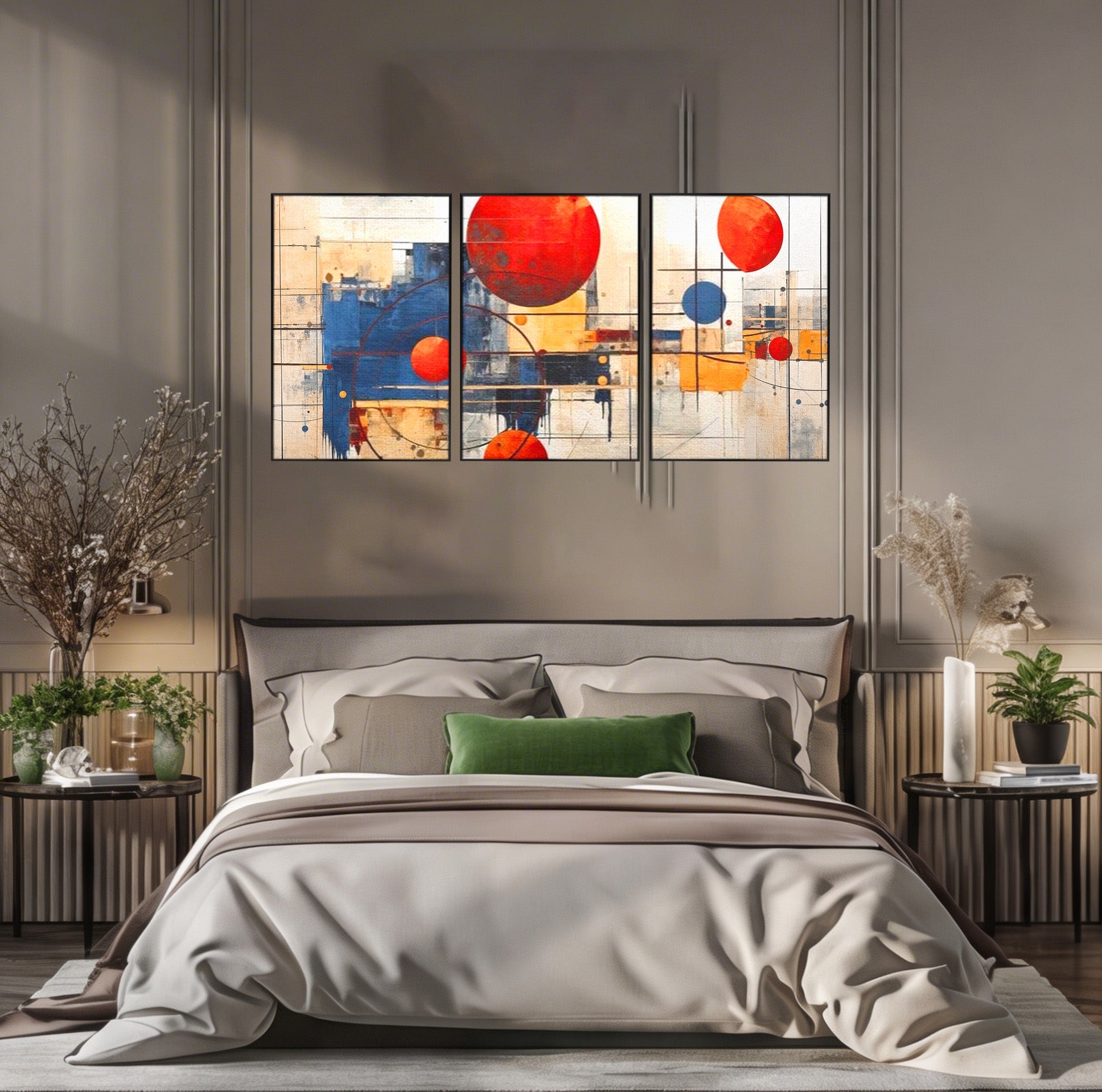 Set 3 Tablouri Canvas Premium LuxCanva® J3-1019, Spatiu Descompus, Sfere, Rosii, Portocaliu, Orbite, Linii, Urban, Contraste, Compozitional, Decorativ, Fantasmic, Living, Dormitor