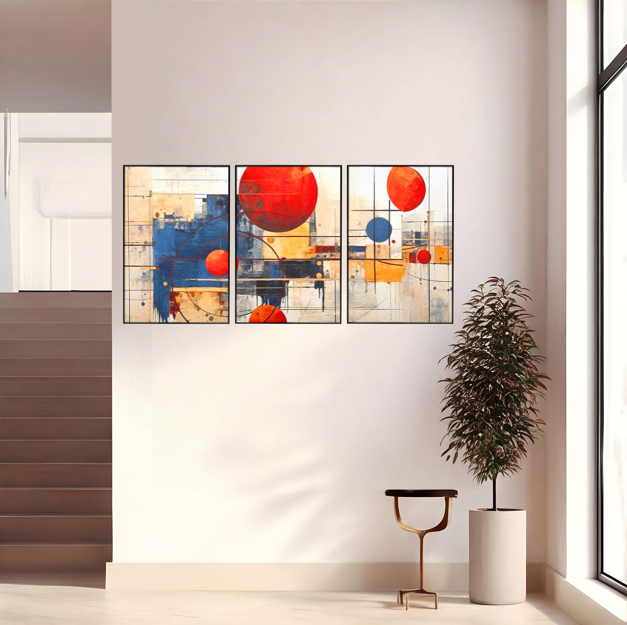 Set 3 Tablouri Canvas Premium LuxCanva® J3-1019, Spatiu Descompus, Sfere, Rosii, Portocaliu, Orbite, Linii, Urban, Contraste, Compozitional, Decorativ, Fantasmic, Living, Dormitor