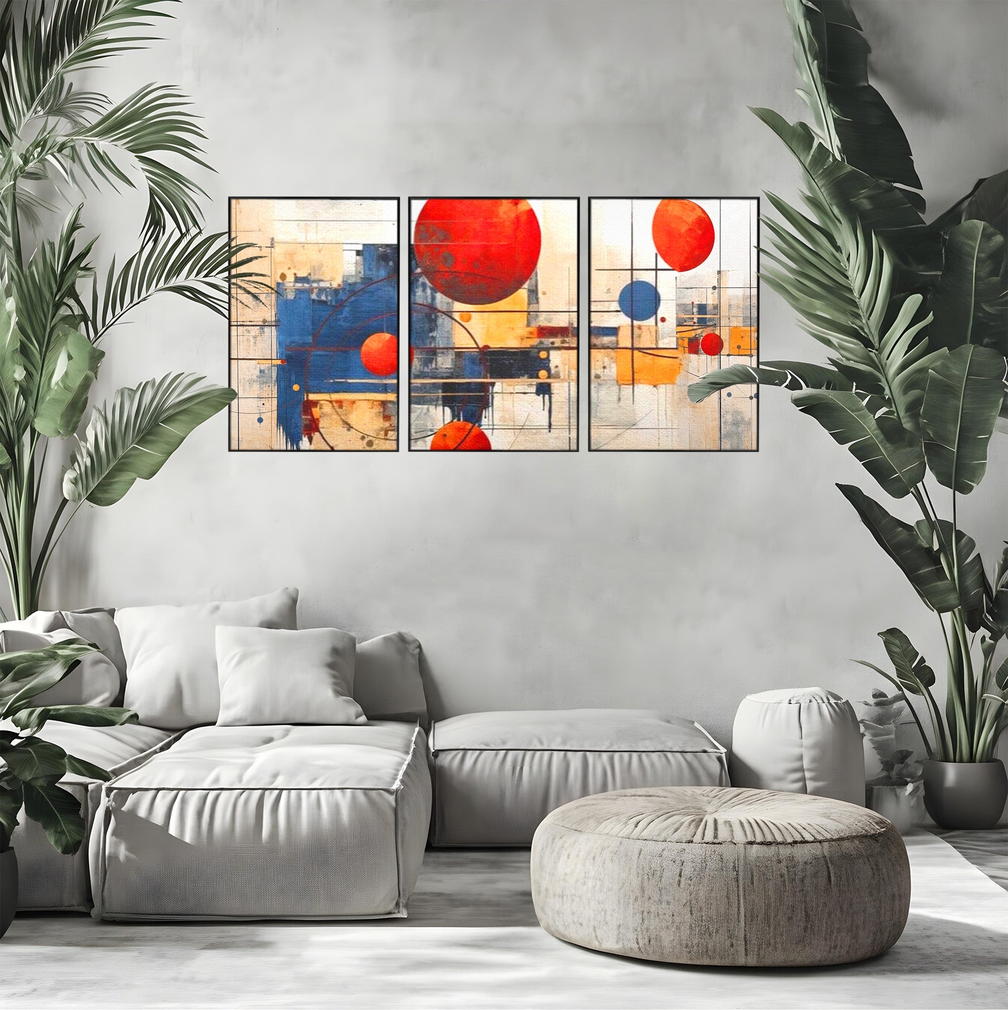 Set 3 Tablouri Canvas Premium LuxCanva® J3-1019, Spatiu Descompus, Sfere, Rosii, Portocaliu, Orbite, Linii, Urban, Contraste, Compozitional, Decorativ, Fantasmic, Living, Dormitor