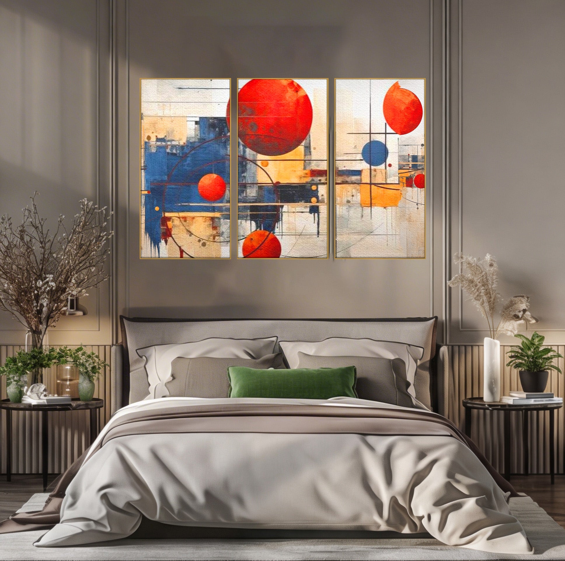 Set 3 Tablouri Canvas Premium LuxCanva® J3-1019, Spatiu Descompus, Sfere, Rosii, Portocaliu, Orbite, Linii, Urban, Contraste, Compozitional, Decorativ, Fantasmic, Living, Dormitor