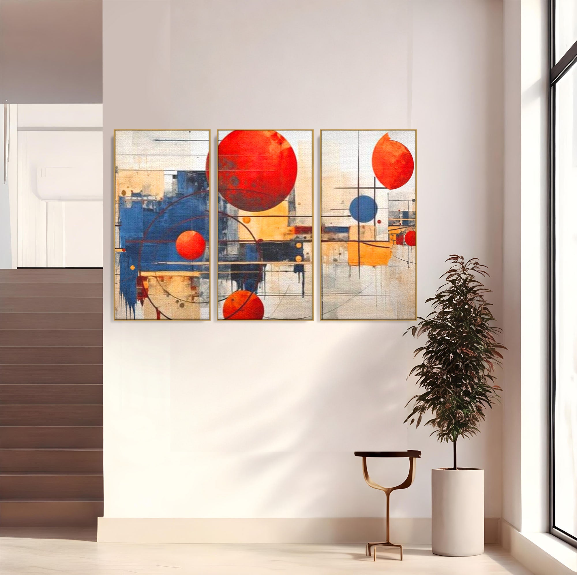 Set 3 Tablouri Canvas Premium LuxCanva® J3-1019, Spatiu Descompus, Sfere, Rosii, Portocaliu, Orbite, Linii, Urban, Contraste, Compozitional, Decorativ, Fantasmic, Living, Dormitor