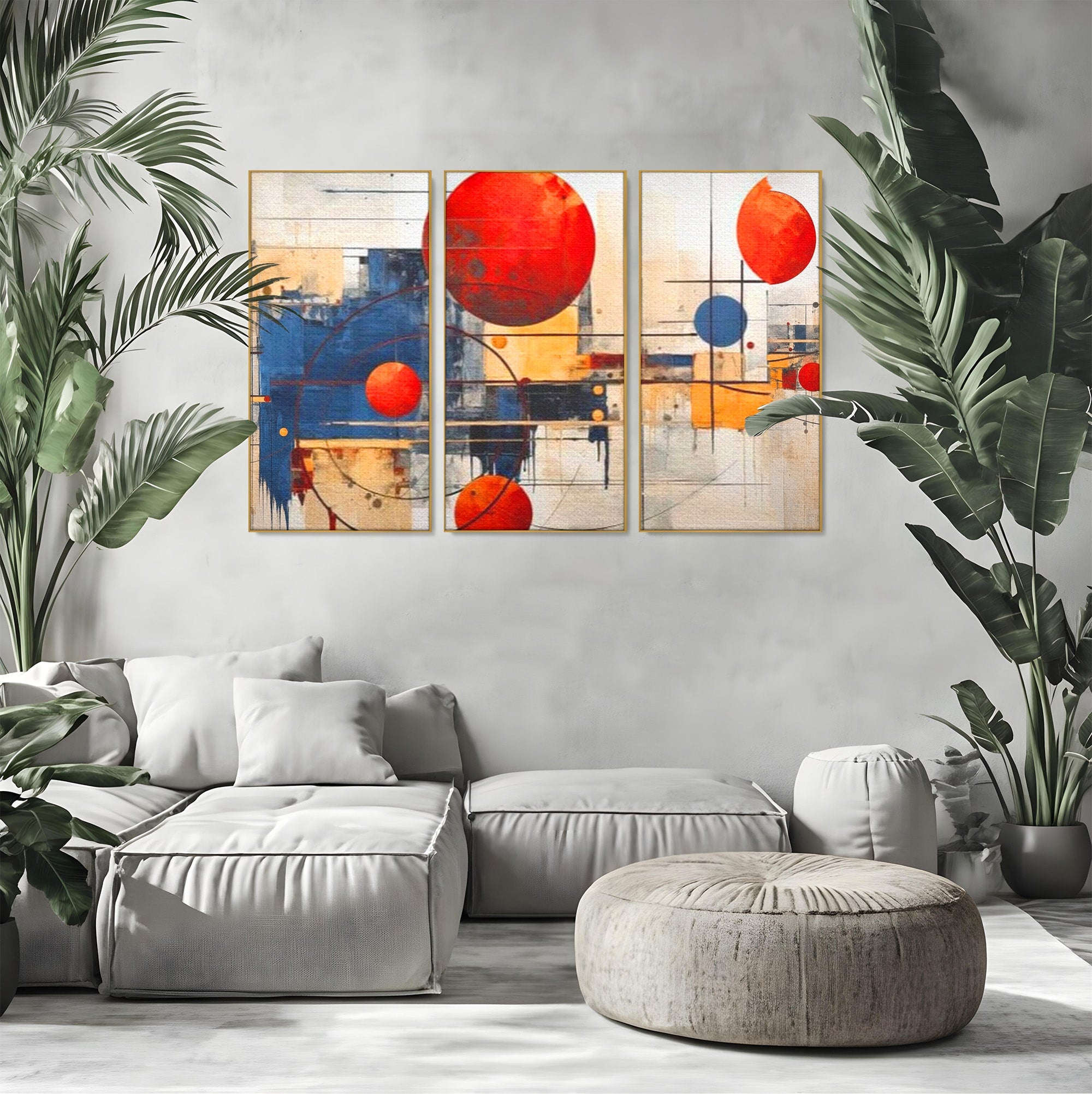 Set 3 Tablouri Canvas Premium LuxCanva® J3-1019, Spatiu Descompus, Sfere, Rosii, Portocaliu, Orbite, Linii, Urban, Contraste, Compozitional, Decorativ, Fantasmic, Living, Dormitor