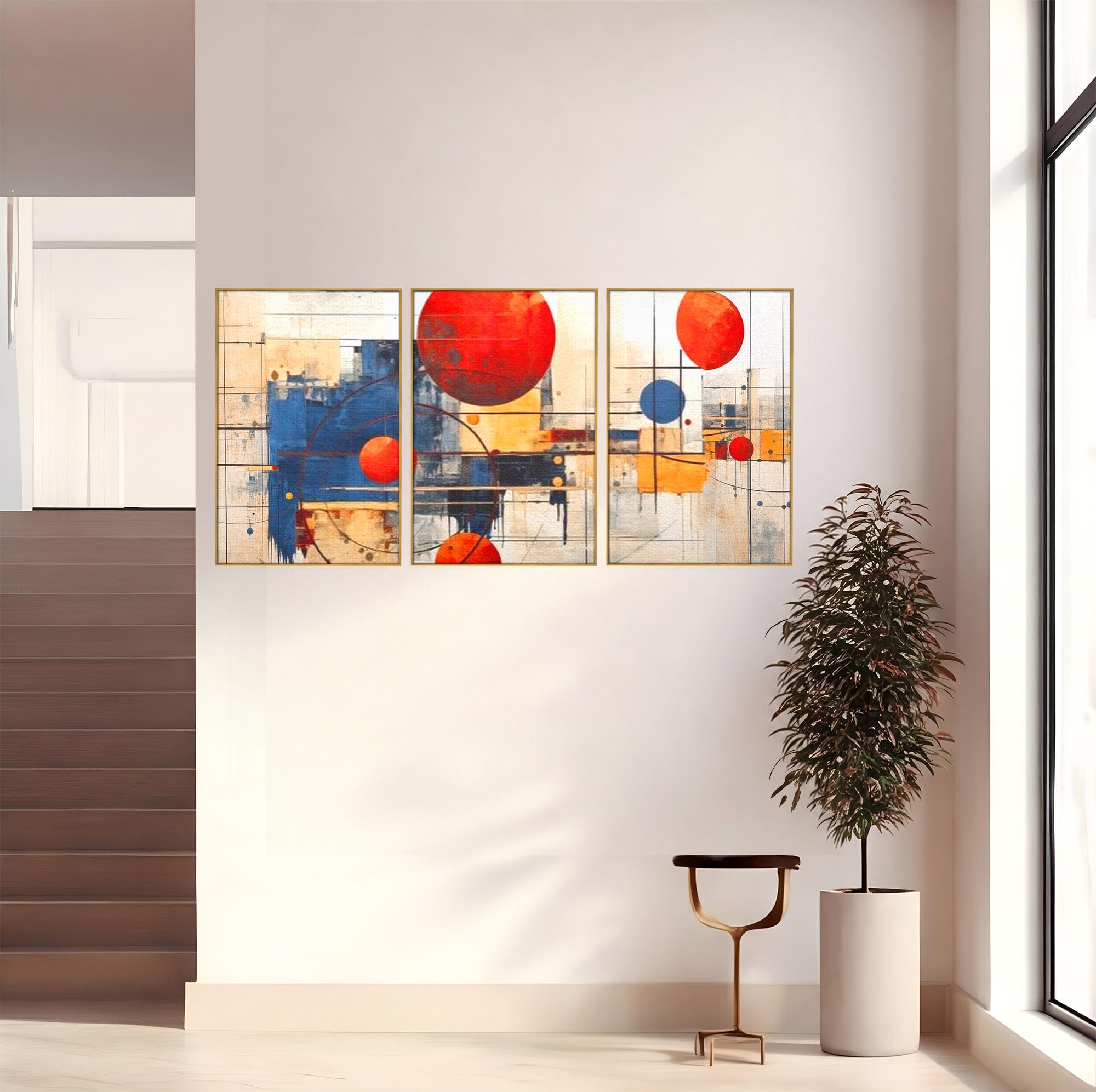 Set 3 Tablouri Canvas Premium LuxCanva® J3-1019, Spatiu Descompus, Sfere, Rosii, Portocaliu, Orbite, Linii, Urban, Contraste, Compozitional, Decorativ, Fantasmic, Living, Dormitor
