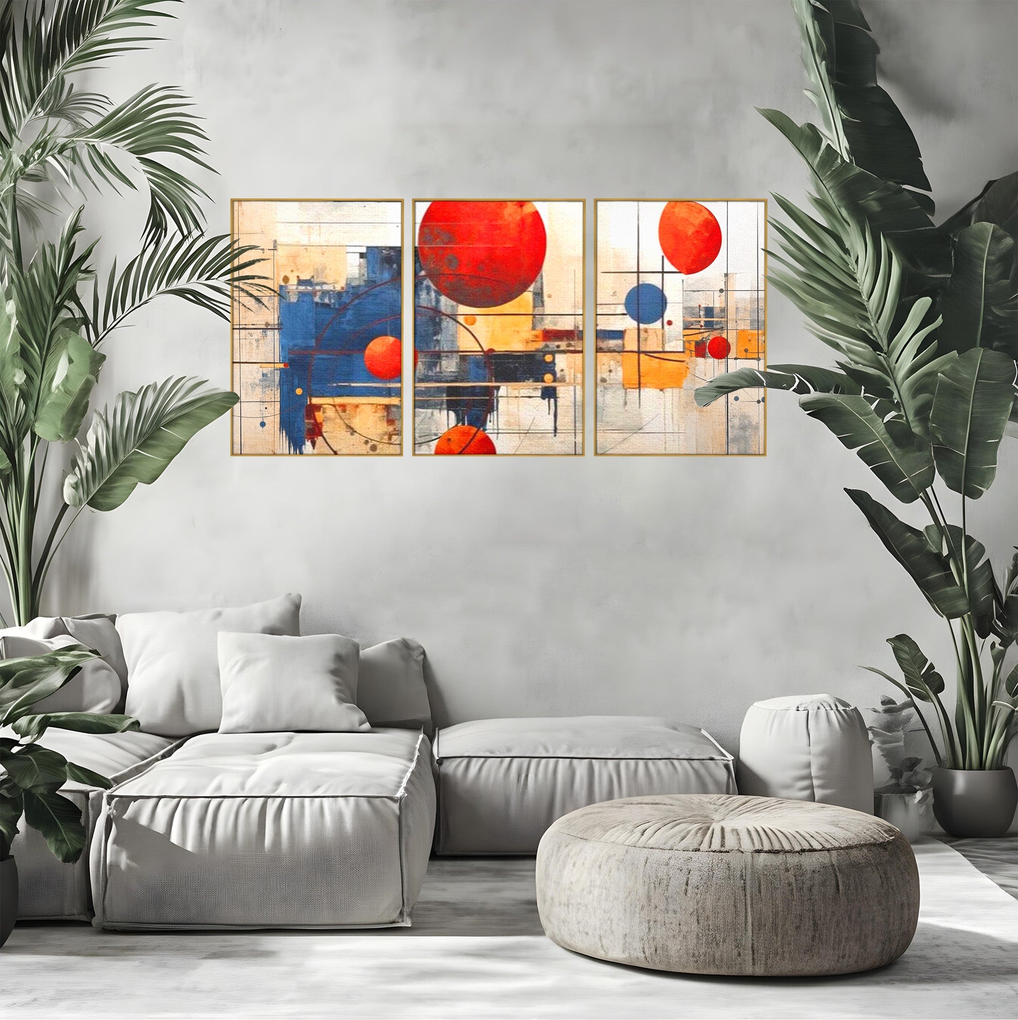 Set 3 Tablouri Canvas Premium LuxCanva® J3-1019, Spatiu Descompus, Sfere, Rosii, Portocaliu, Orbite, Linii, Urban, Contraste, Compozitional, Decorativ, Fantasmic, Living, Dormitor