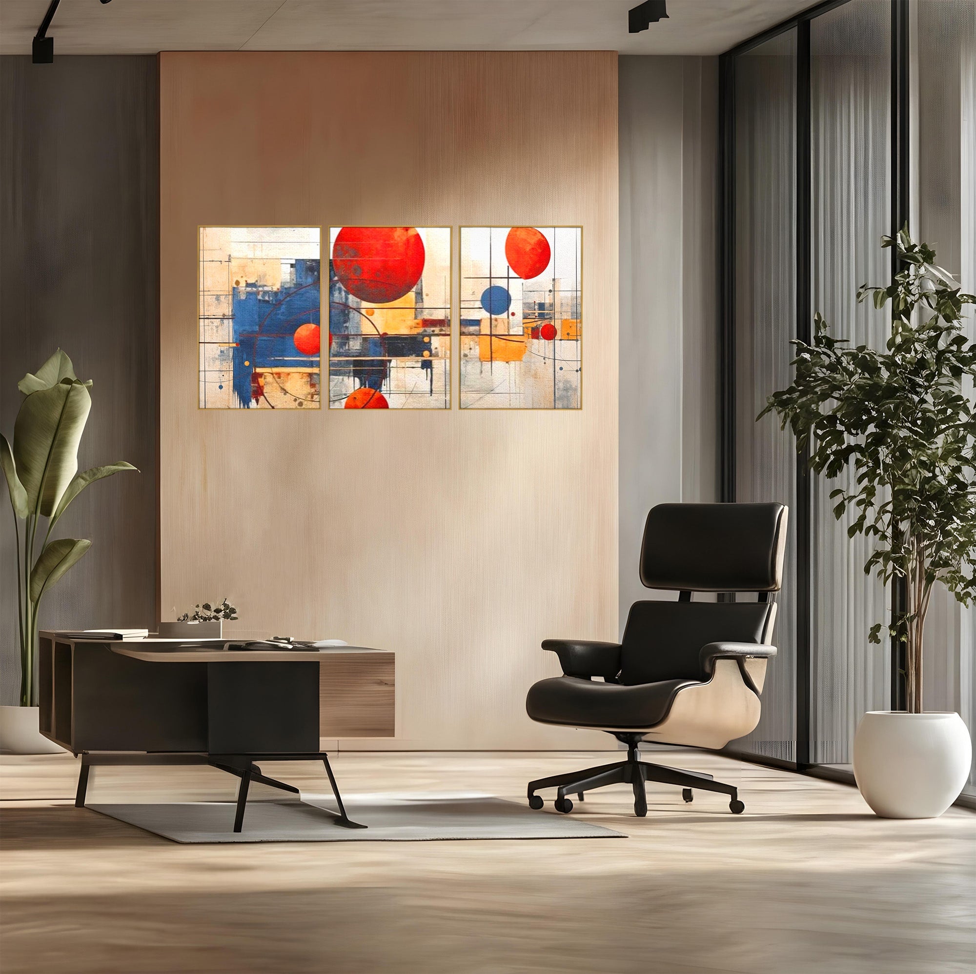 Set 3 Tablouri Canvas Premium LuxCanva® J3-1019, Spatiu Descompus, Sfere, Rosii, Portocaliu, Orbite, Linii, Urban, Contraste, Compozitional, Decorativ, Fantasmic, Living, Dormitor