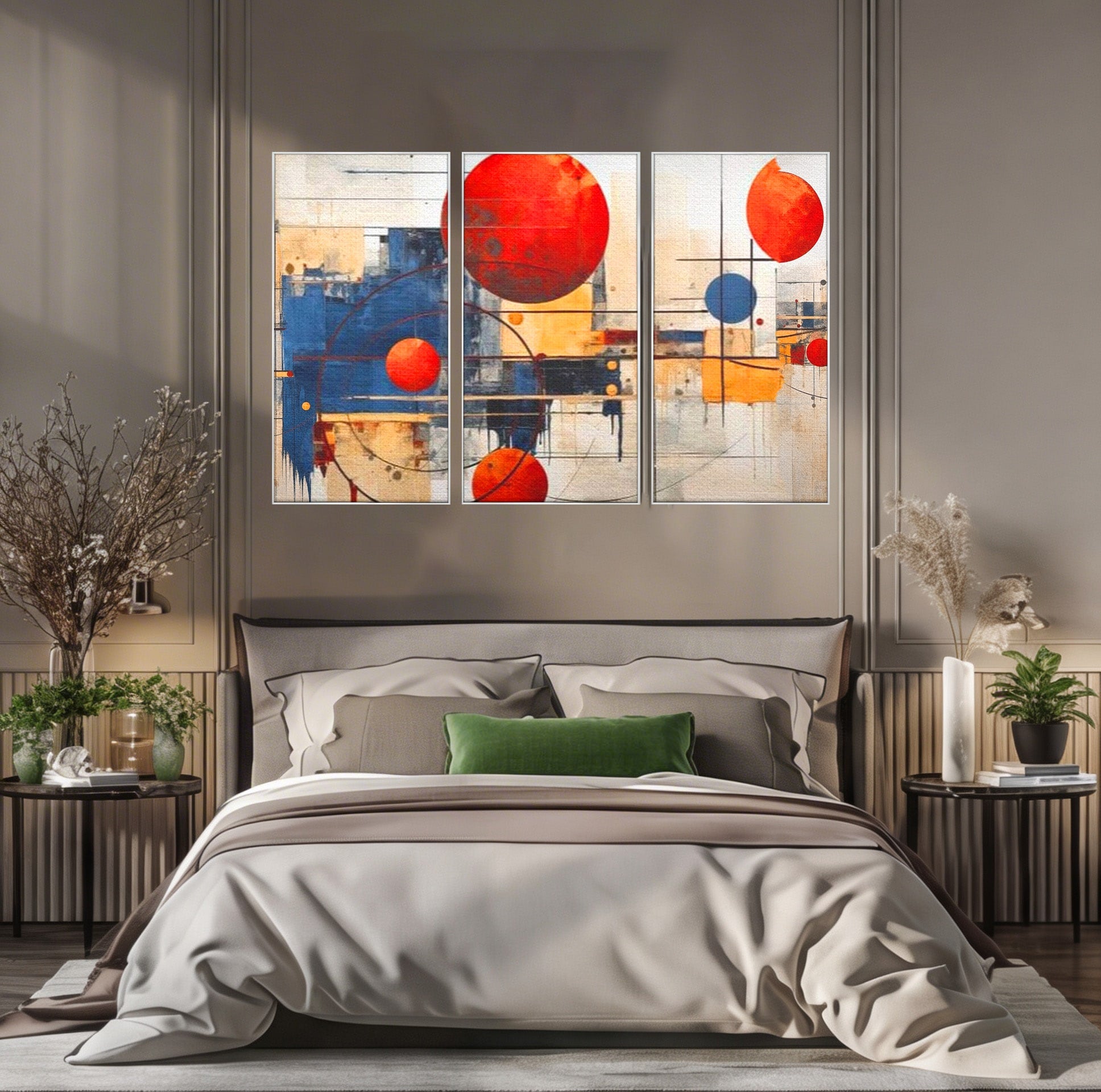 Set 3 Tablouri Canvas Premium LuxCanva® J3-1019, Spatiu Descompus, Sfere, Rosii, Portocaliu, Orbite, Linii, Urban, Contraste, Compozitional, Decorativ, Fantasmic, Living, Dormitor