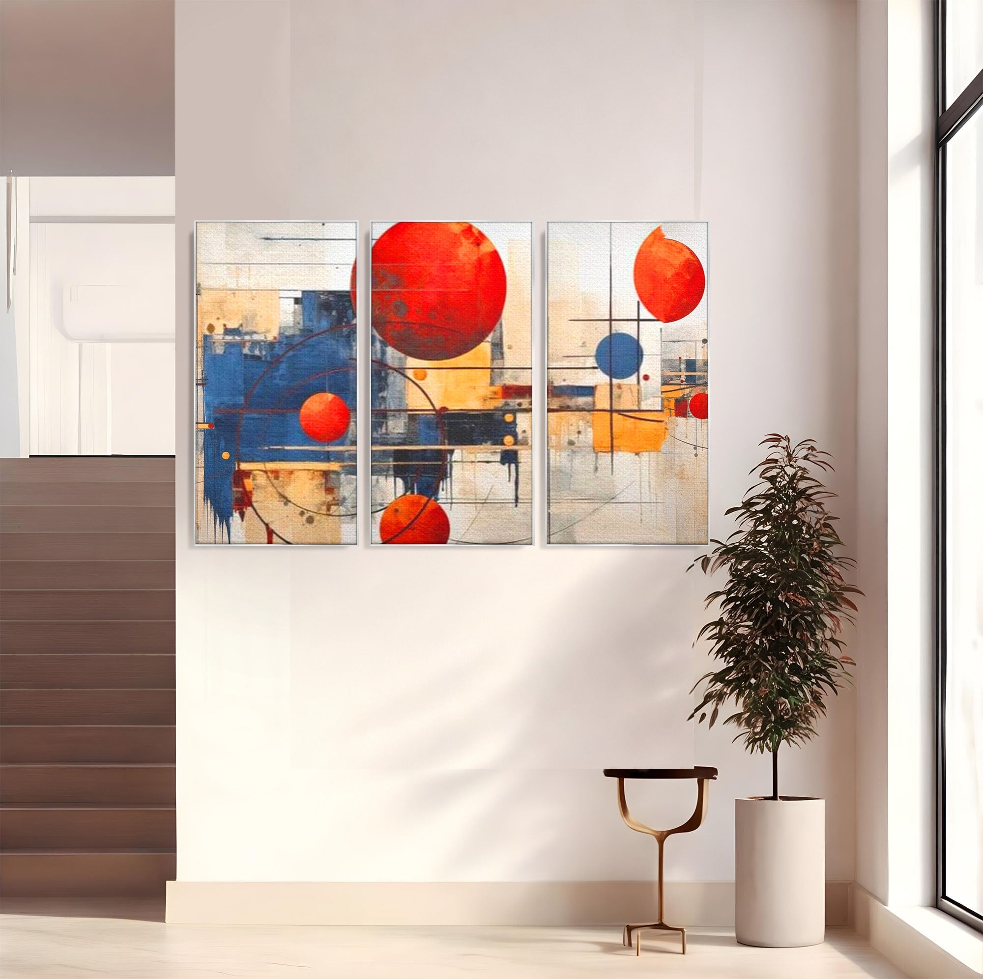 Set 3 Tablouri Canvas Premium LuxCanva® J3-1019, Spatiu Descompus, Sfere, Rosii, Portocaliu, Orbite, Linii, Urban, Contraste, Compozitional, Decorativ, Fantasmic, Living, Dormitor