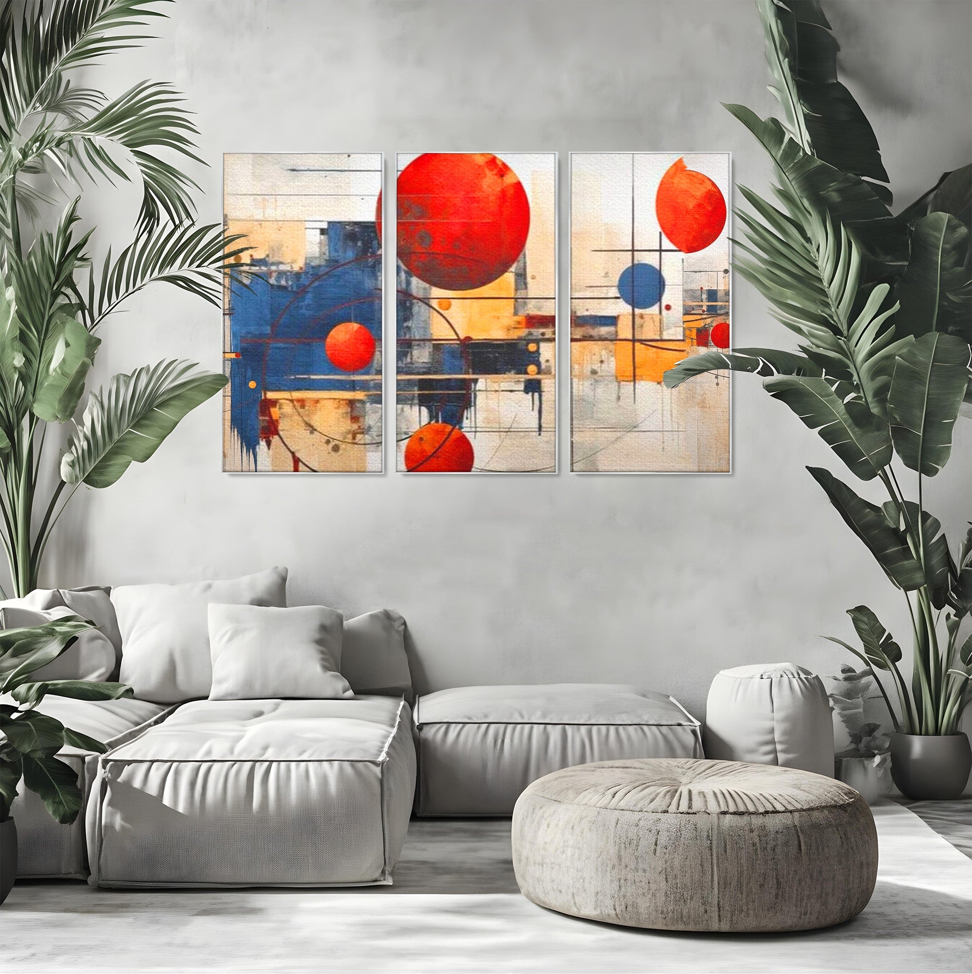 Set 3 Tablouri Canvas Premium LuxCanva® J3-1019, Spatiu Descompus, Sfere, Rosii, Portocaliu, Orbite, Linii, Urban, Contraste, Compozitional, Decorativ, Fantasmic, Living, Dormitor