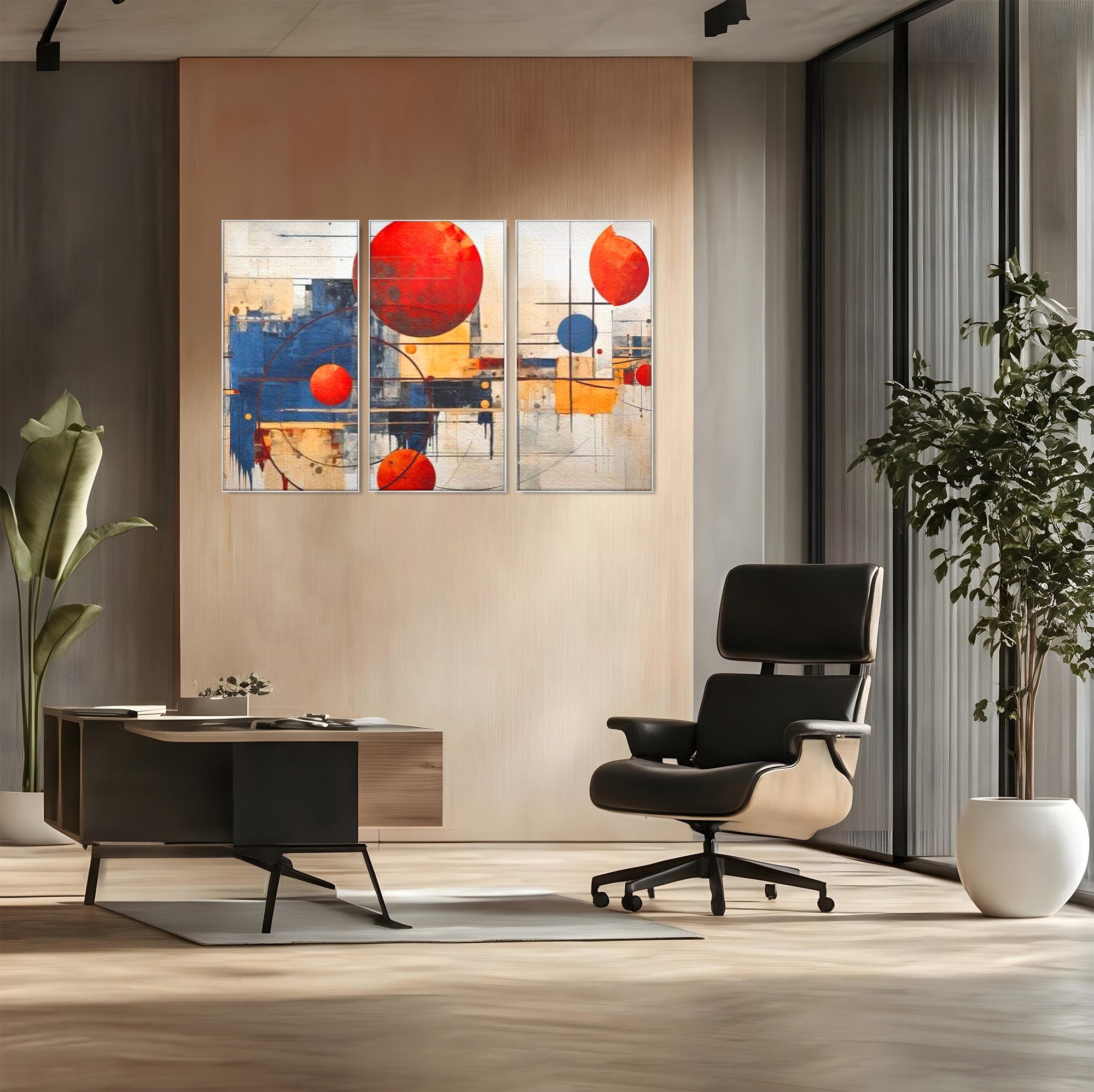 Set 3 Tablouri Canvas Premium LuxCanva® J3-1019, Spatiu Descompus, Sfere, Rosii, Portocaliu, Orbite, Linii, Urban, Contraste, Compozitional, Decorativ, Fantasmic, Living, Dormitor