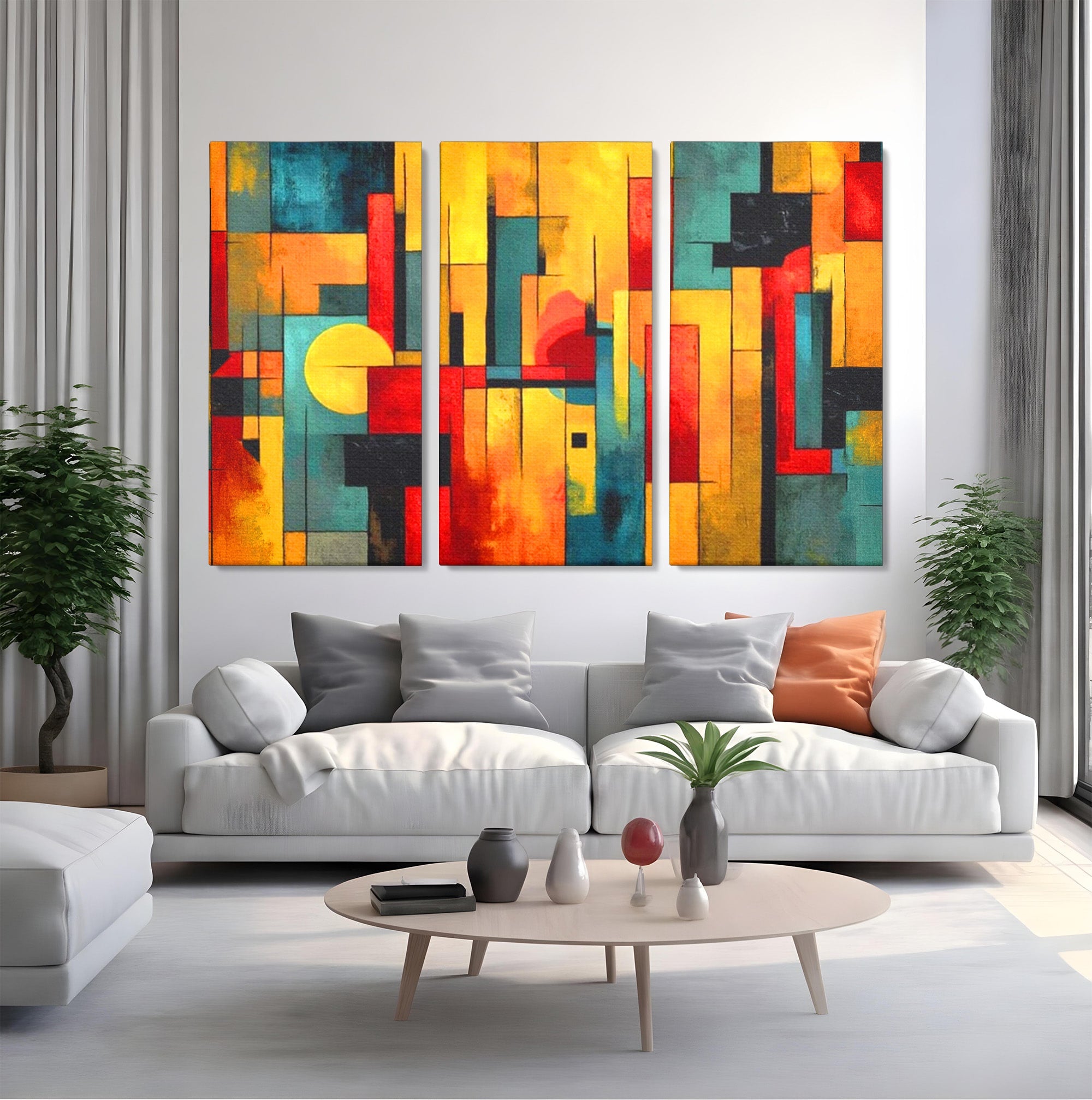 Set 3 Tablouri Canvas Premium LuxCanva® J3-1027, Orasul Culorilor, Metropola, Urbana, Solar, Vise, Falii, Energie, Dinamism, Vibratie, Contraste, Intensitate, Living, Dormitor