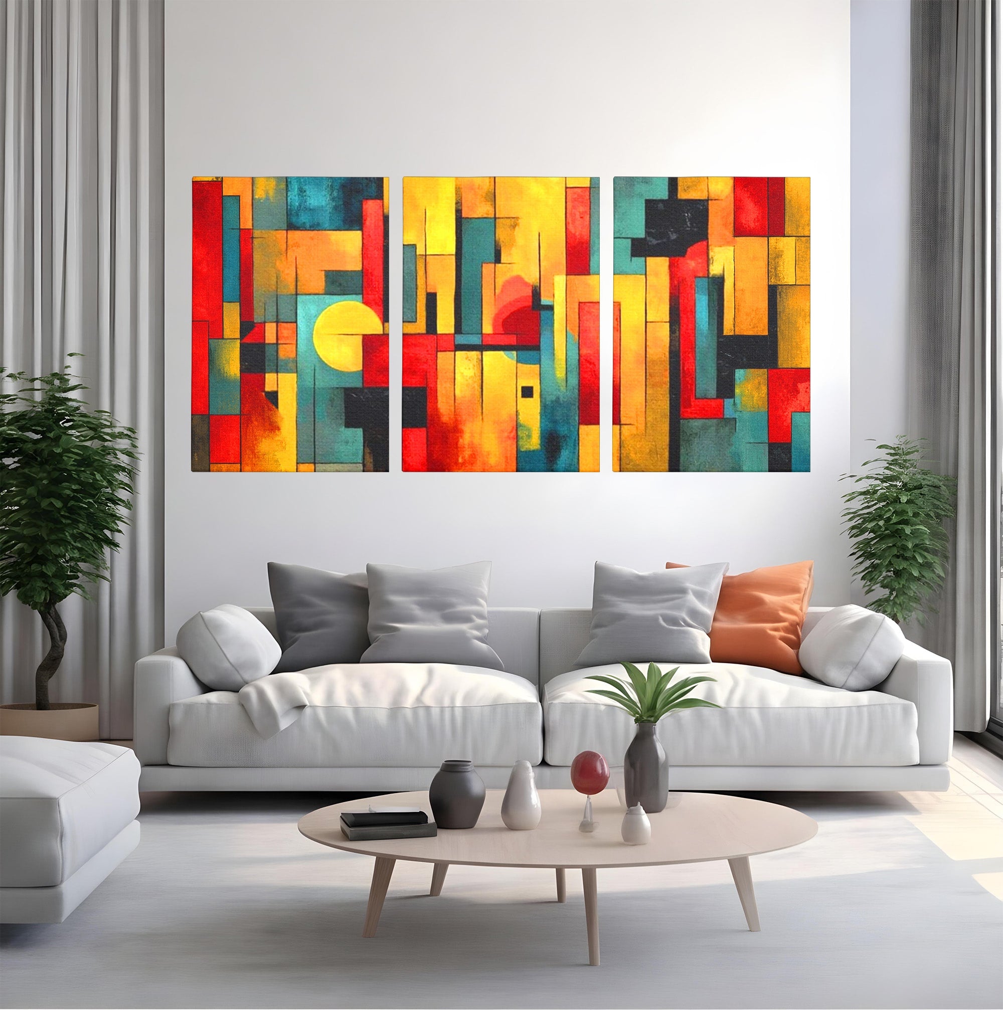 Set 3 Tablouri Canvas Premium LuxCanva® J3-1027, Orasul Culorilor, Metropola, Urbana, Solar, Vise, Falii, Energie, Dinamism, Vibratie, Contraste, Intensitate, Living, Dormitor
