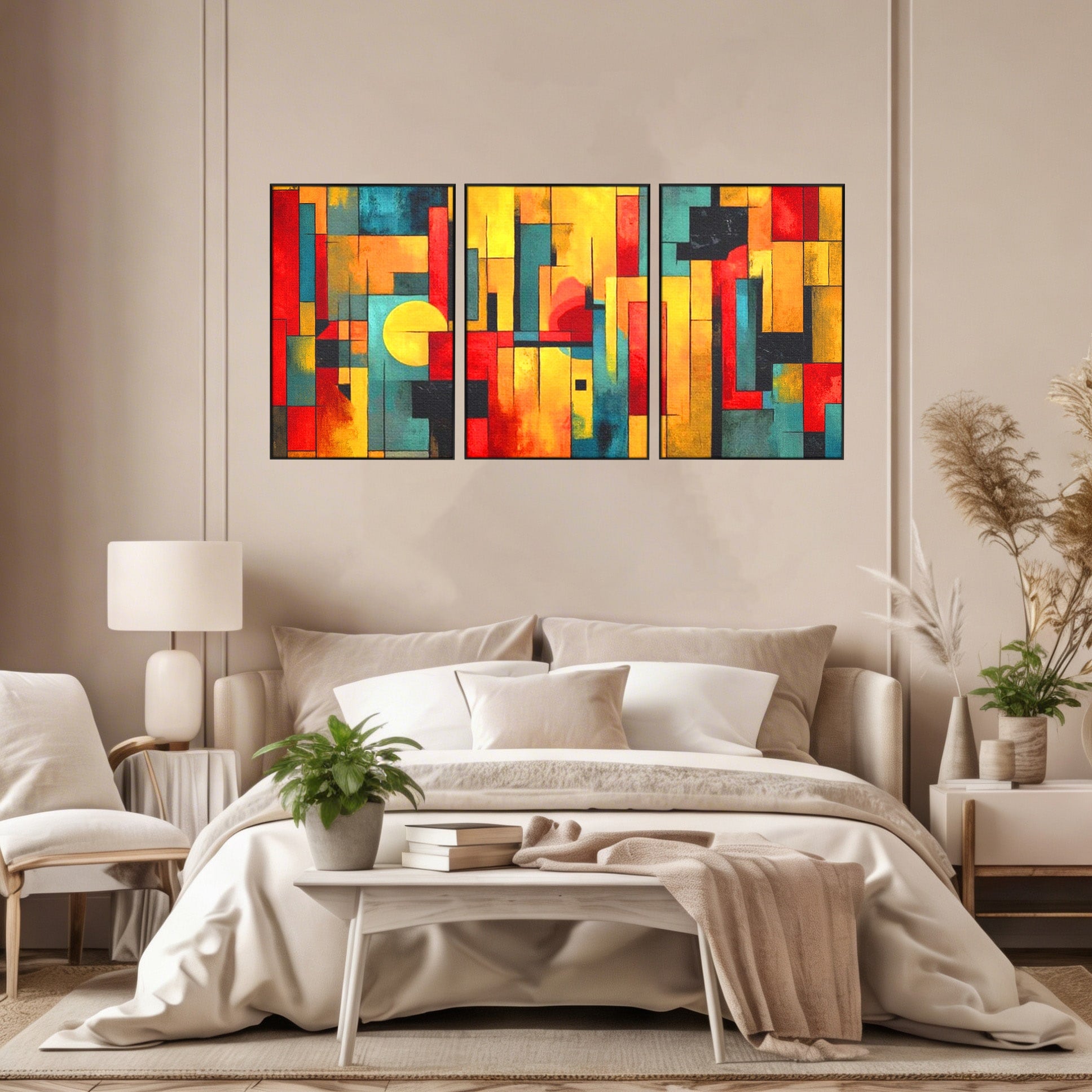 Set 3 Tablouri Canvas Premium LuxCanva® J3-1027, Orasul Culorilor, Metropola, Urbana, Solar, Vise, Falii, Energie, Dinamism, Vibratie, Contraste, Intensitate, Living, Dormitor