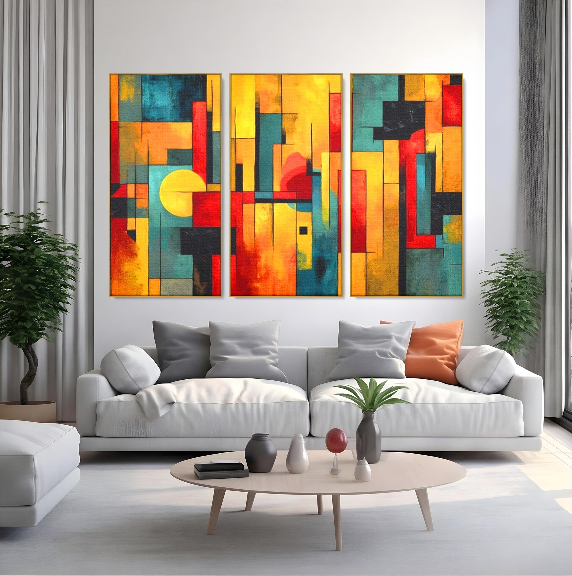 Set 3 Tablouri Canvas Premium LuxCanva® J3-1027, Orasul Culorilor, Metropola, Urbana, Solar, Vise, Falii, Energie, Dinamism, Vibratie, Contraste, Intensitate, Living, Dormitor