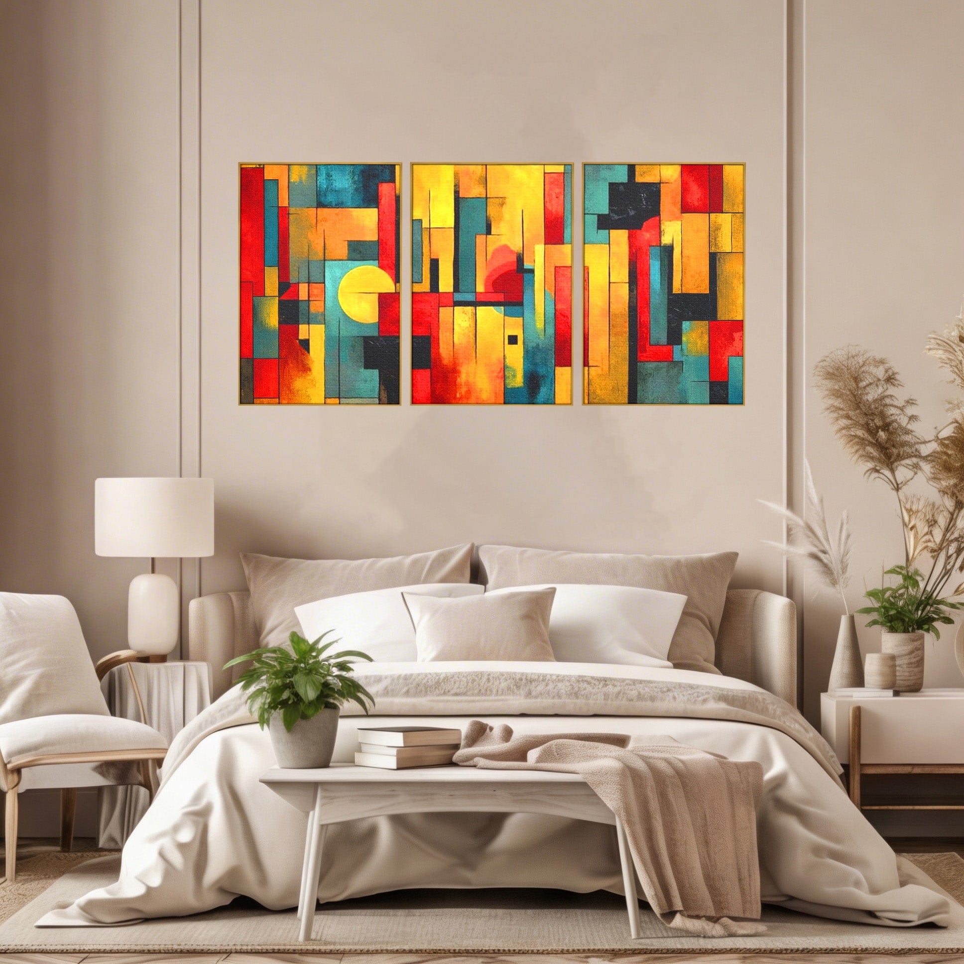 Set 3 Tablouri Canvas Premium LuxCanva® J3-1027, Orasul Culorilor, Metropola, Urbana, Solar, Vise, Falii, Energie, Dinamism, Vibratie, Contraste, Intensitate, Living, Dormitor