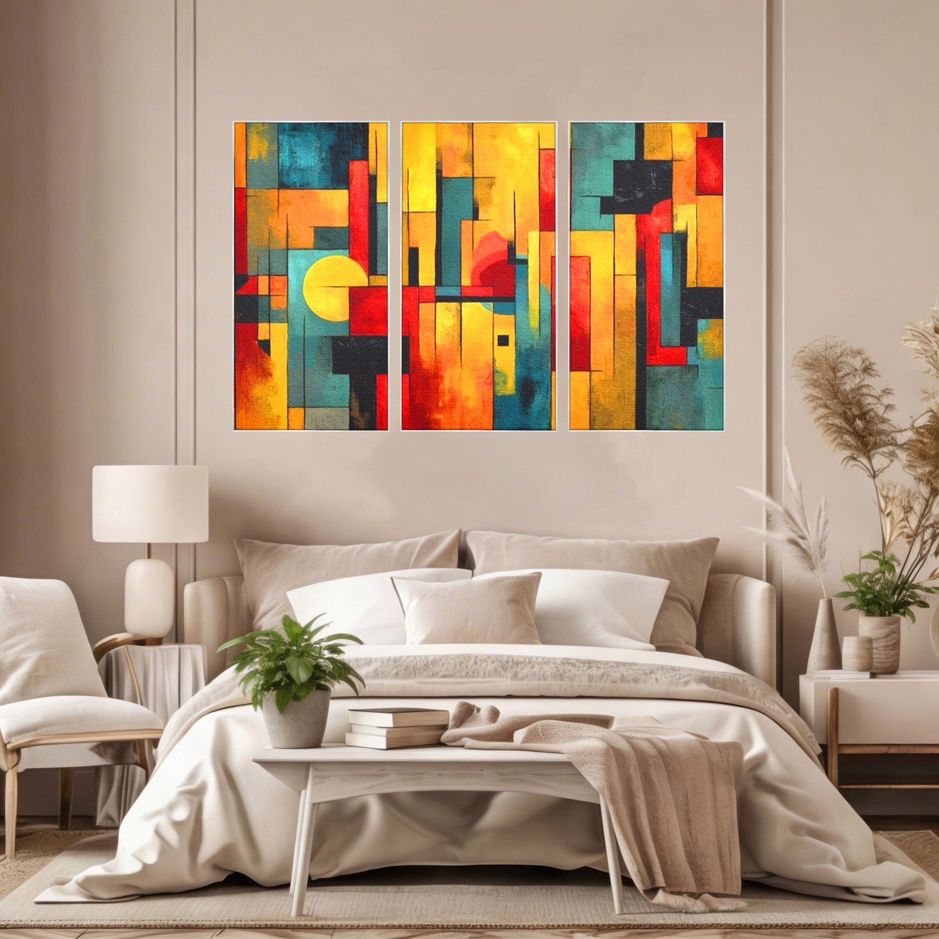 Set 3 Tablouri Canvas Premium LuxCanva® J3-1027, Orasul Culorilor, Metropola, Urbana, Solar, Vise, Falii, Energie, Dinamism, Vibratie, Contraste, Intensitate, Living, Dormitor