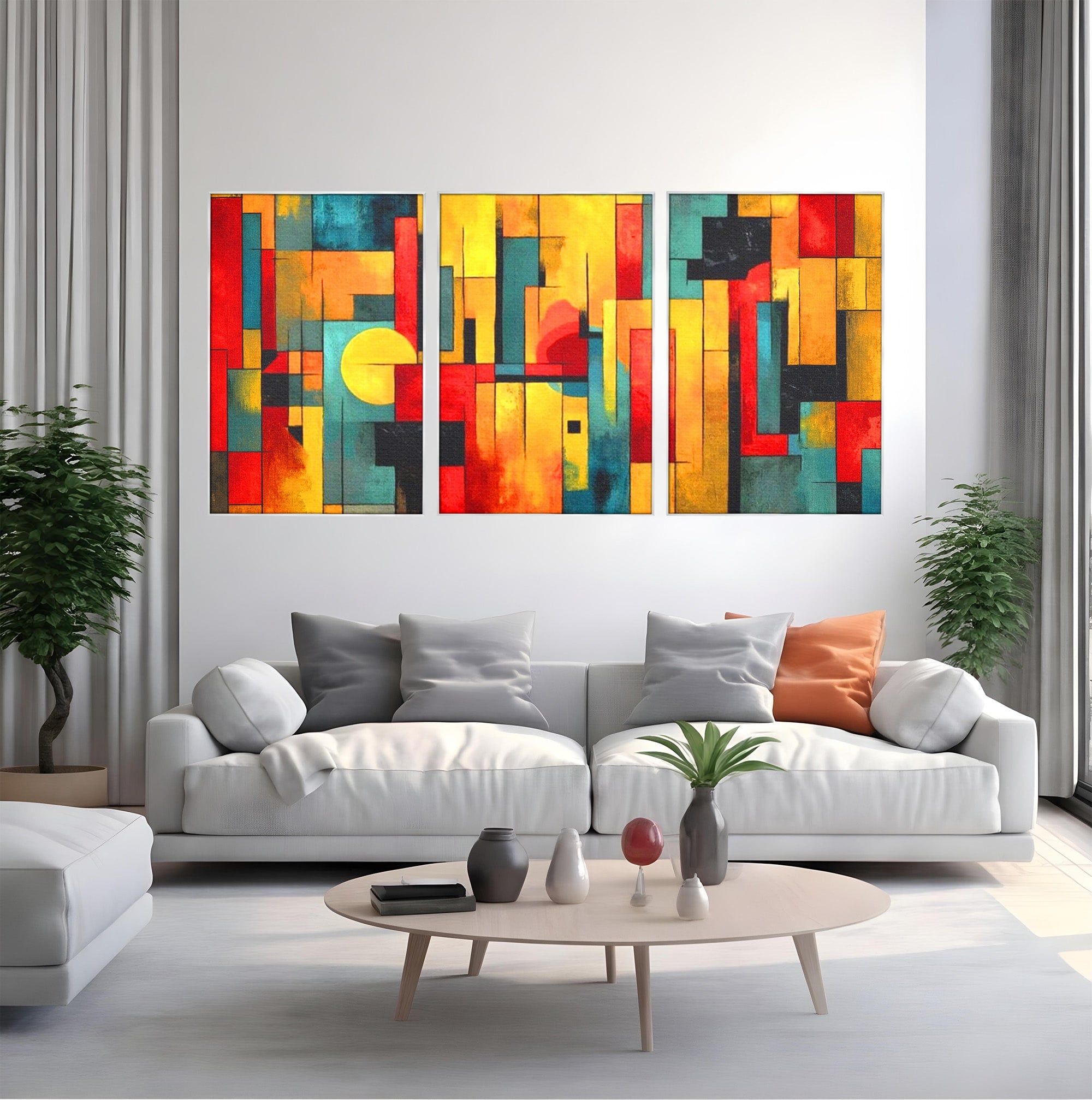 Set 3 Tablouri Canvas Premium LuxCanva® J3-1027, Orasul Culorilor, Metropola, Urbana, Solar, Vise, Falii, Energie, Dinamism, Vibratie, Contraste, Intensitate, Living, Dormitor