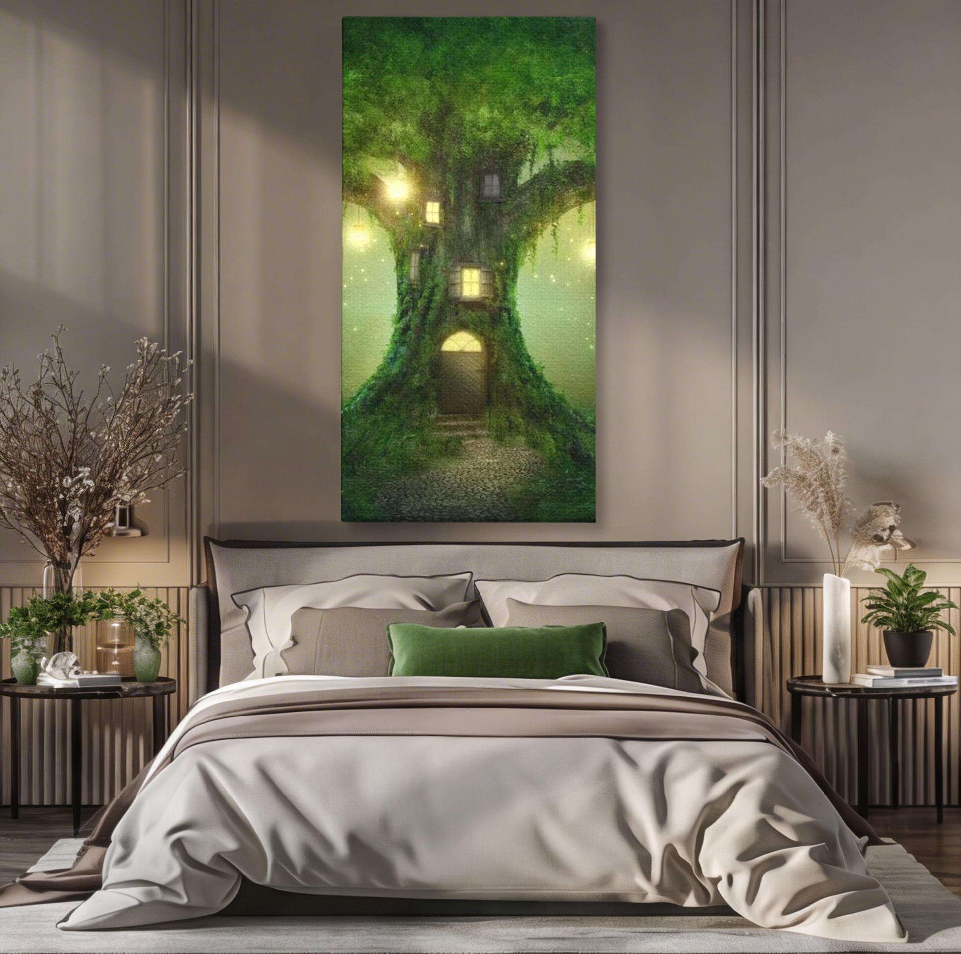 Tablou Canvas Premium, LuxCanva® K1000, Copacul Viselor,  Casuta, Fermecata, Taram, Zane, Verde, Padure, Magie, Vise, Povesti, Fantezie, Spiridusi, Mistic, Camera Copii