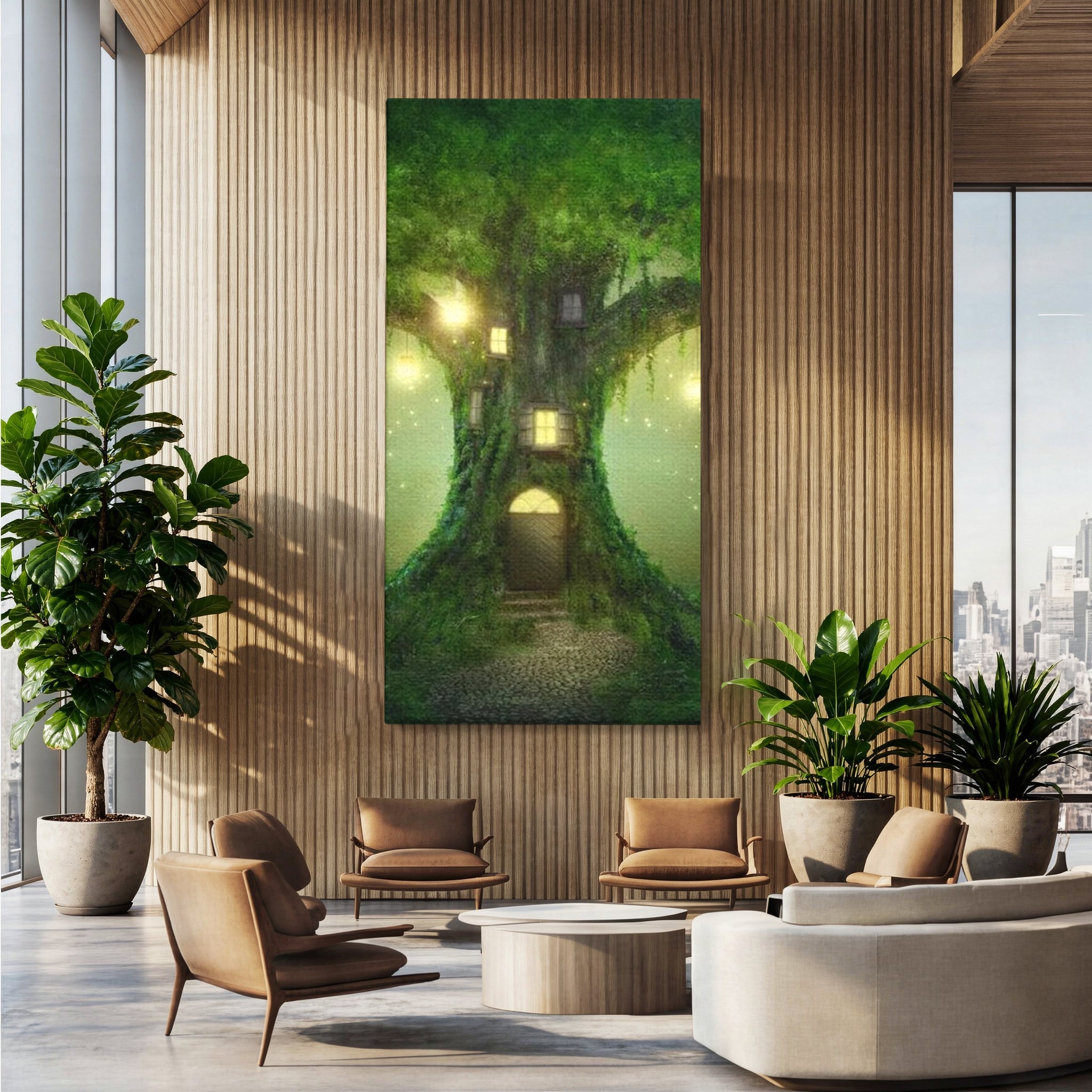 Tablou Canvas Premium, LuxCanva® K1000, Copacul Viselor,  Casuta, Fermecata, Taram, Zane, Verde, Padure, Magie, Vise, Povesti, Fantezie, Spiridusi, Mistic, Camera Copii