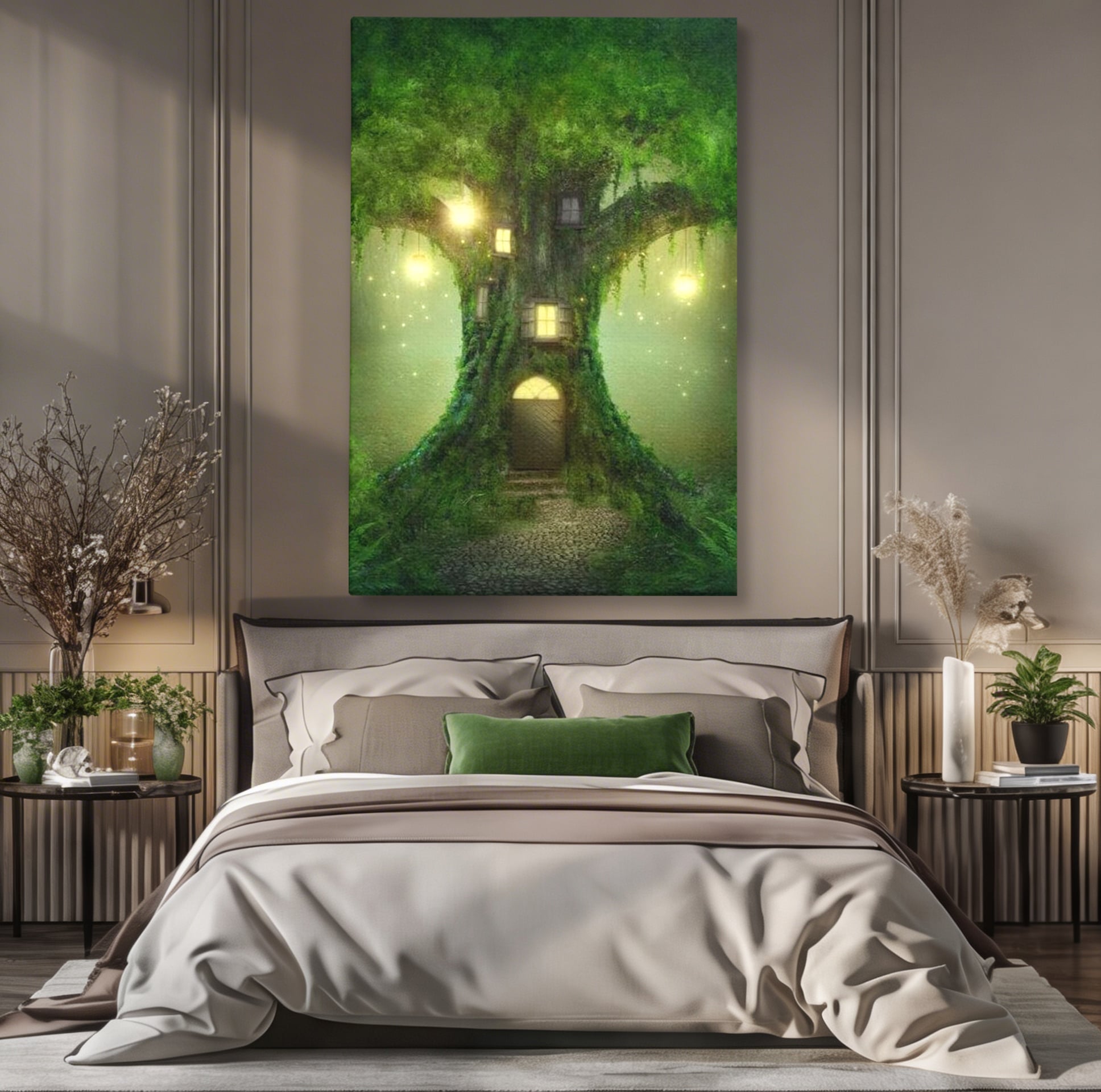 Tablou Canvas Premium, LuxCanva® K1000, Copacul Viselor,  Casuta, Fermecata, Taram, Zane, Verde, Padure, Magie, Vise, Povesti, Fantezie, Spiridusi, Mistic, Camera Copii