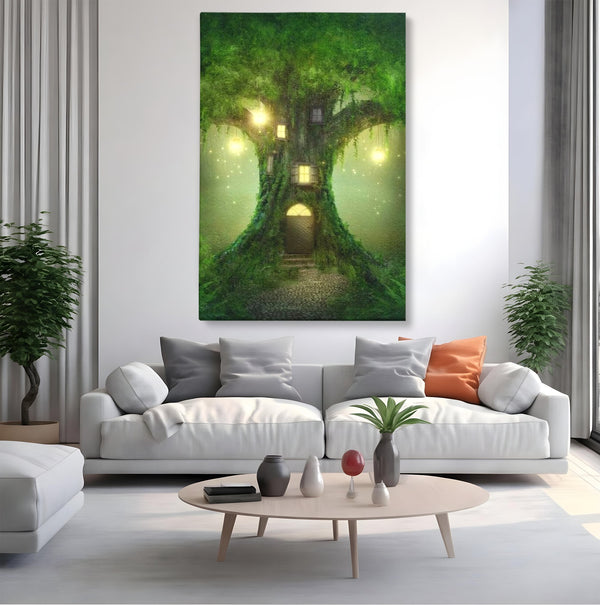 Tablou Canvas Premium, LuxCanva® K1000, Copacul Viselor,  Casuta, Fermecata, Taram, Zane, Verde, Padure, Magie, Vise, Povesti, Fantezie, Spiridusi, Mistic, Camera Copii