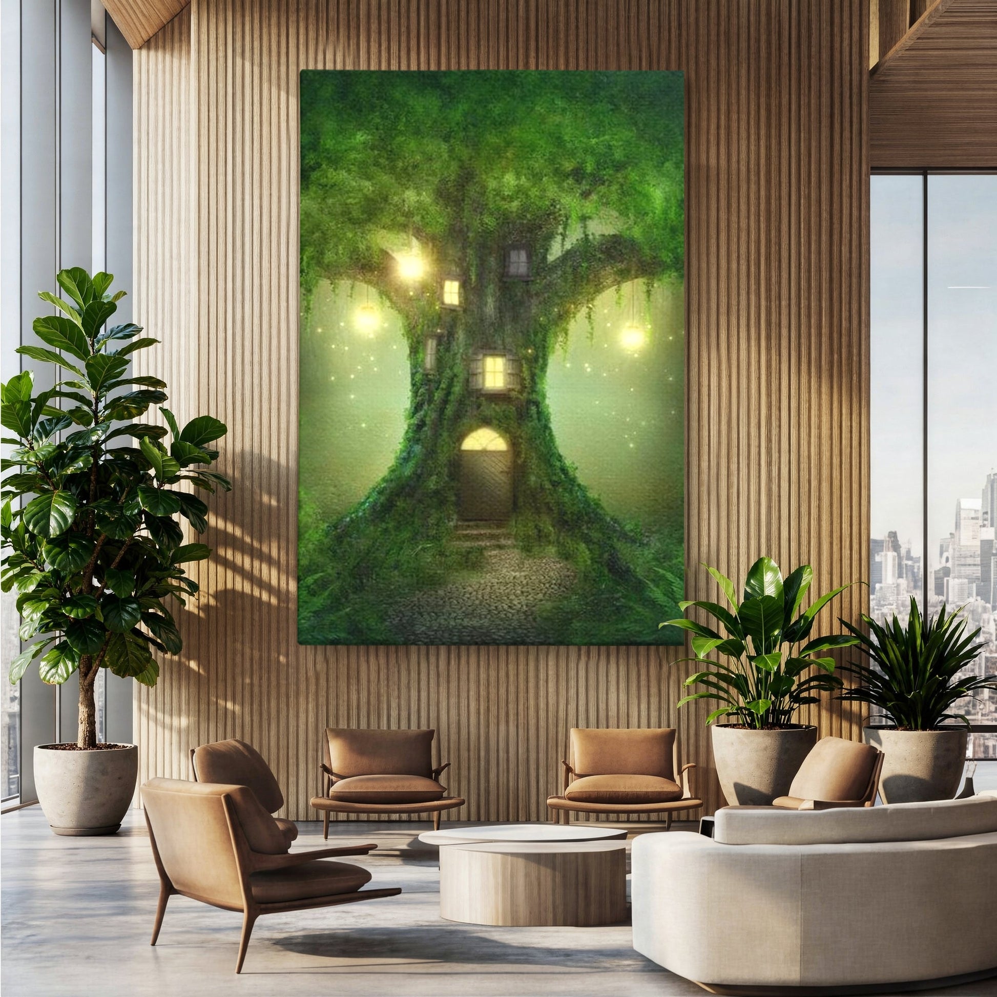 Tablou Canvas Premium, LuxCanva® K1000, Copacul Viselor,  Casuta, Fermecata, Taram, Zane, Verde, Padure, Magie, Vise, Povesti, Fantezie, Spiridusi, Mistic, Camera Copii