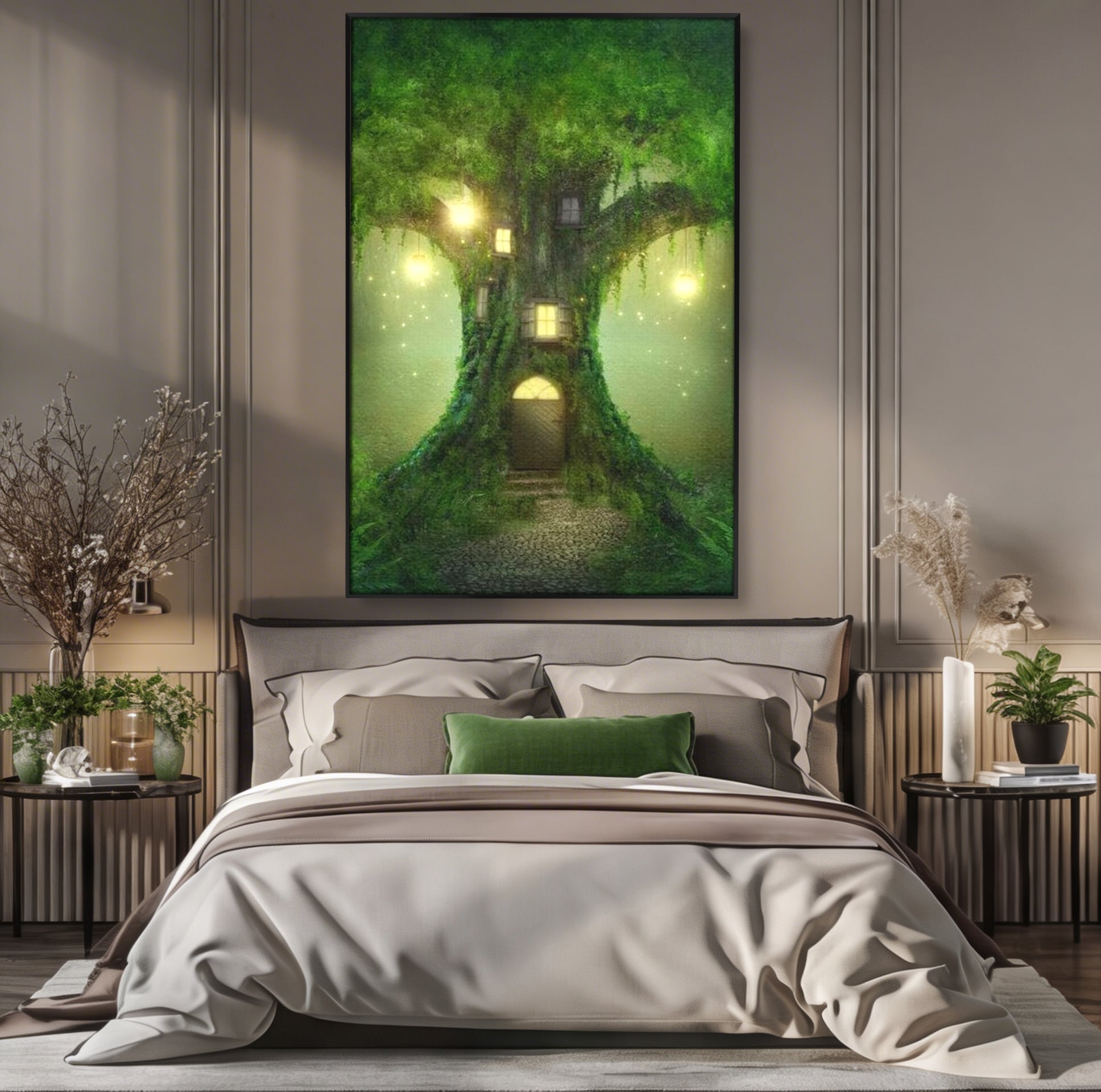 Tablou Canvas Premium, LuxCanva® K1000, Copacul Viselor,  Casuta, Fermecata, Taram, Zane, Verde, Padure, Magie, Vise, Povesti, Fantezie, Spiridusi, Mistic, Camera Copii
