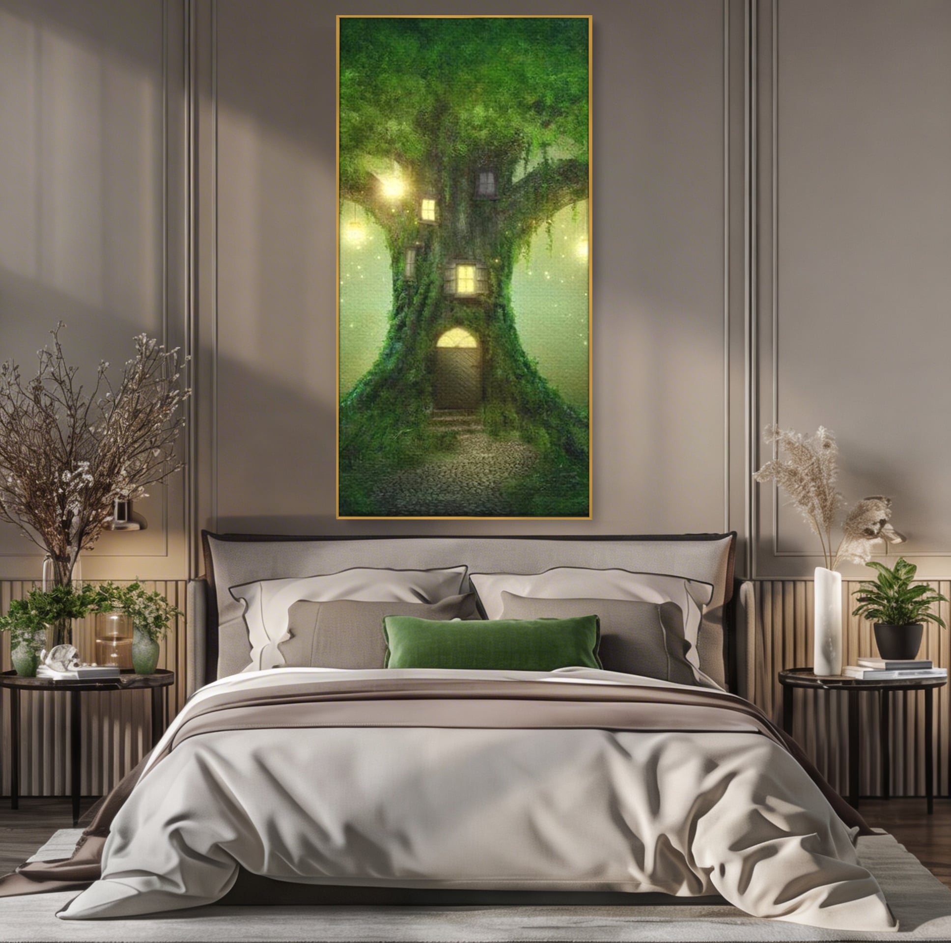 Tablou Canvas Premium, LuxCanva® K1000, Copacul Viselor,  Casuta, Fermecata, Taram, Zane, Verde, Padure, Magie, Vise, Povesti, Fantezie, Spiridusi, Mistic, Camera Copii