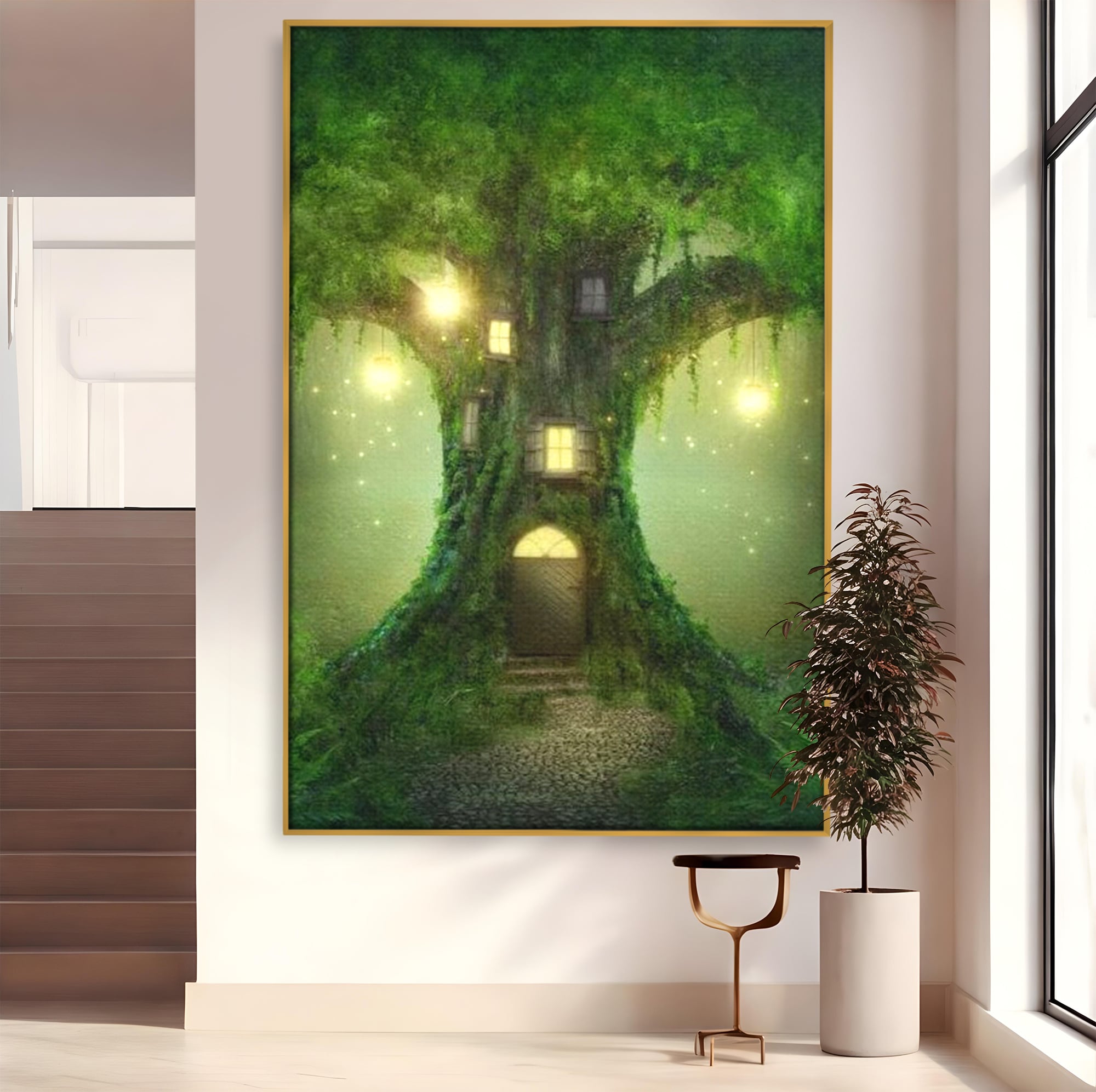 Tablou Canvas Premium, LuxCanva® K1000, Copacul Viselor,  Casuta, Fermecata, Taram, Zane, Verde, Padure, Magie, Vise, Povesti, Fantezie, Spiridusi, Mistic, Camera Copii
