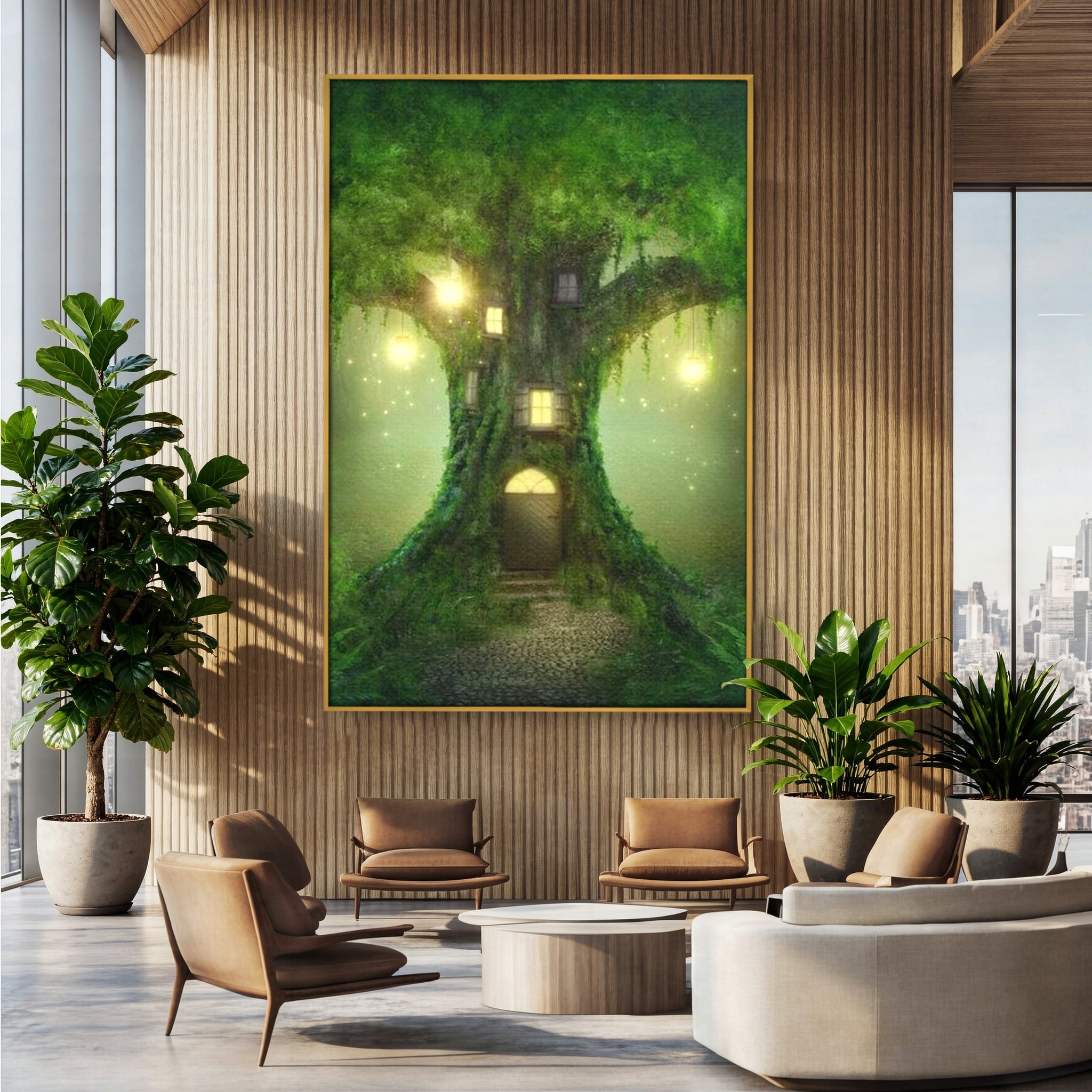 Tablou Canvas Premium, LuxCanva® K1000, Copacul Viselor,  Casuta, Fermecata, Taram, Zane, Verde, Padure, Magie, Vise, Povesti, Fantezie, Spiridusi, Mistic, Camera Copii