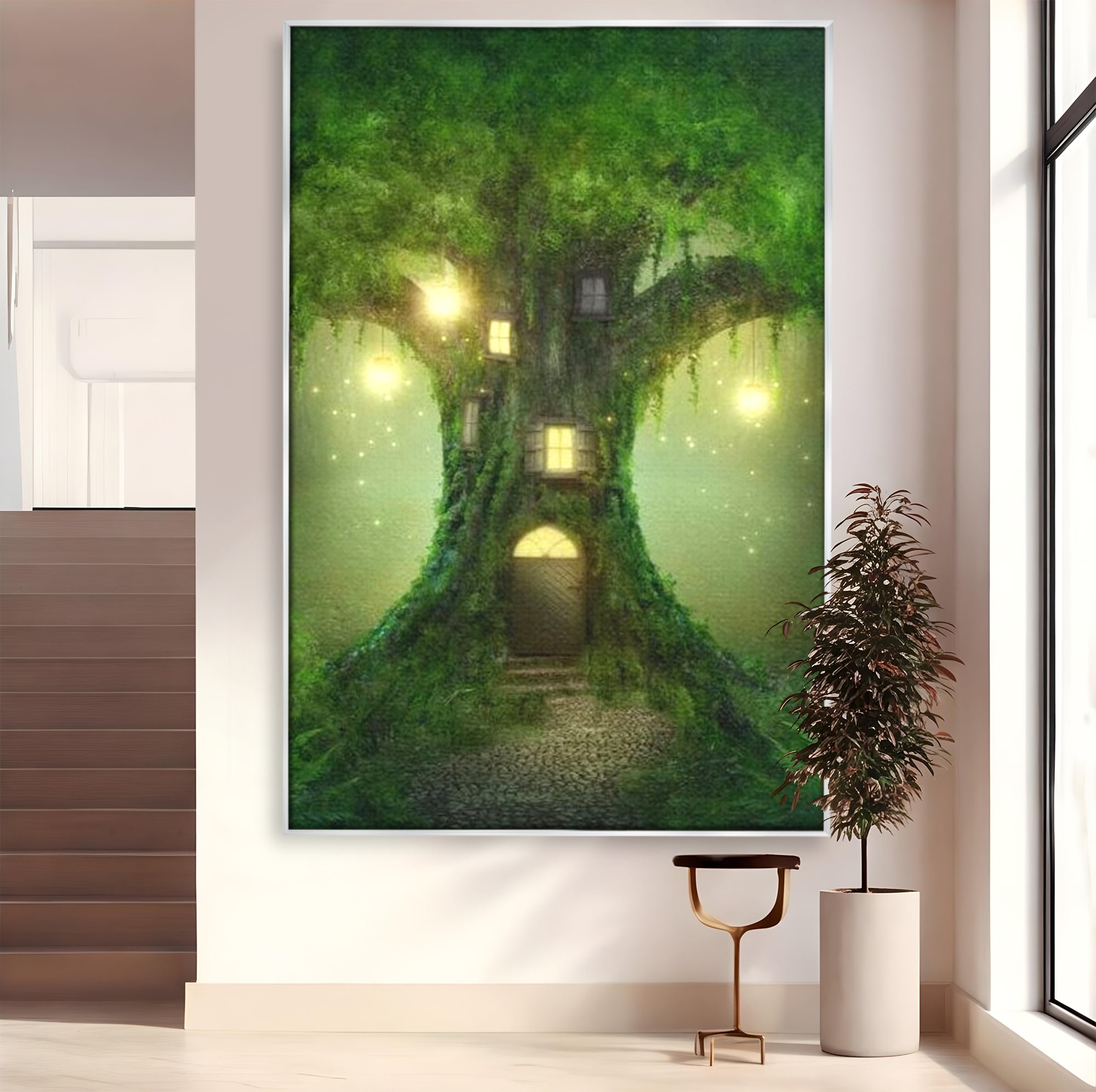 Tablou Canvas Premium, LuxCanva® K1000, Copacul Viselor,  Casuta, Fermecata, Taram, Zane, Verde, Padure, Magie, Vise, Povesti, Fantezie, Spiridusi, Mistic, Camera Copii
