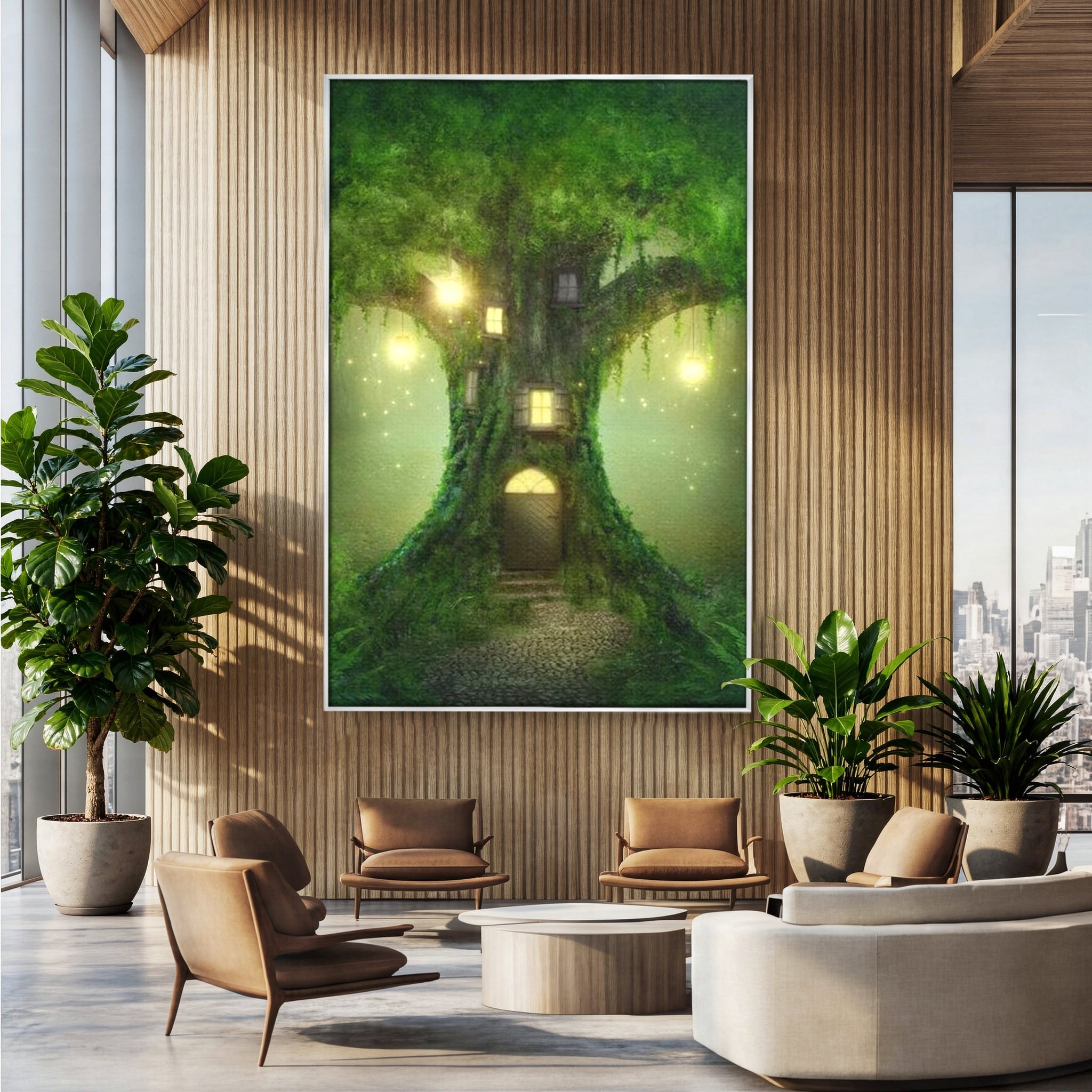 Tablou Canvas Premium, LuxCanva® K1000, Copacul Viselor,  Casuta, Fermecata, Taram, Zane, Verde, Padure, Magie, Vise, Povesti, Fantezie, Spiridusi, Mistic, Camera Copii