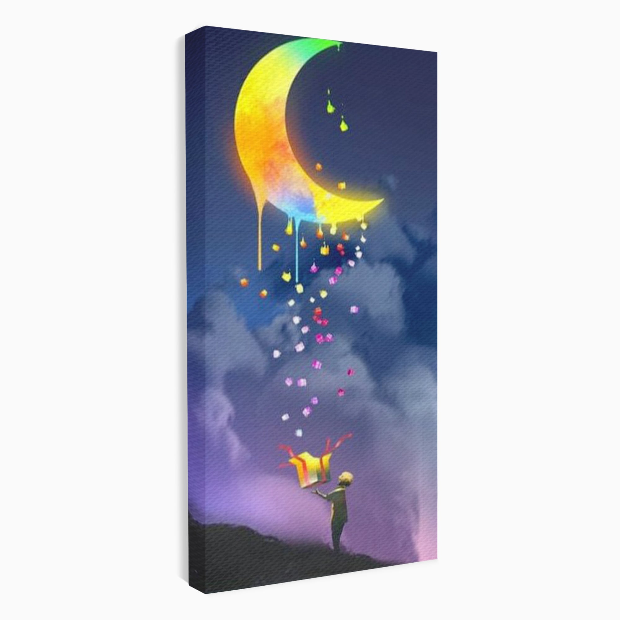 Tablou Canvas Premium, LuxCanva® K1001, Luna Care Daruieste, Curcubeu, Cer, Magie, Cutie, Copil, Ploaie, Stele, Noapte, Daruire, Stelar, Vis, Imaginatie, Camera Copii