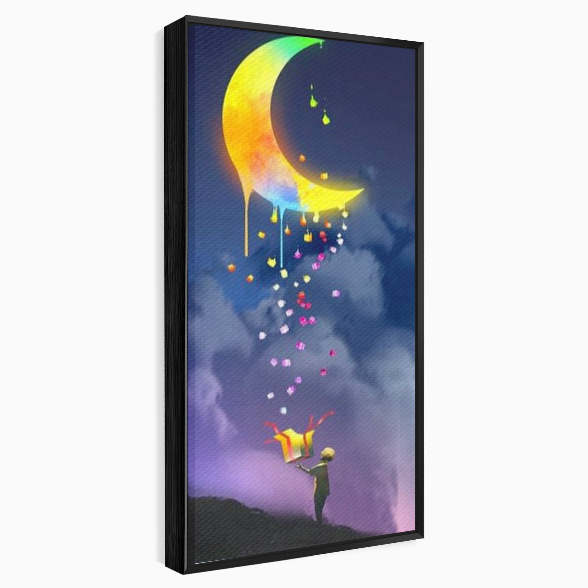 Tablou Canvas Premium, LuxCanva® K1001, Luna Care Daruieste, Curcubeu, Cer, Magie, Cutie, Copil, Ploaie, Stele, Noapte, Daruire, Stelar, Vis, Imaginatie, Camera Copii