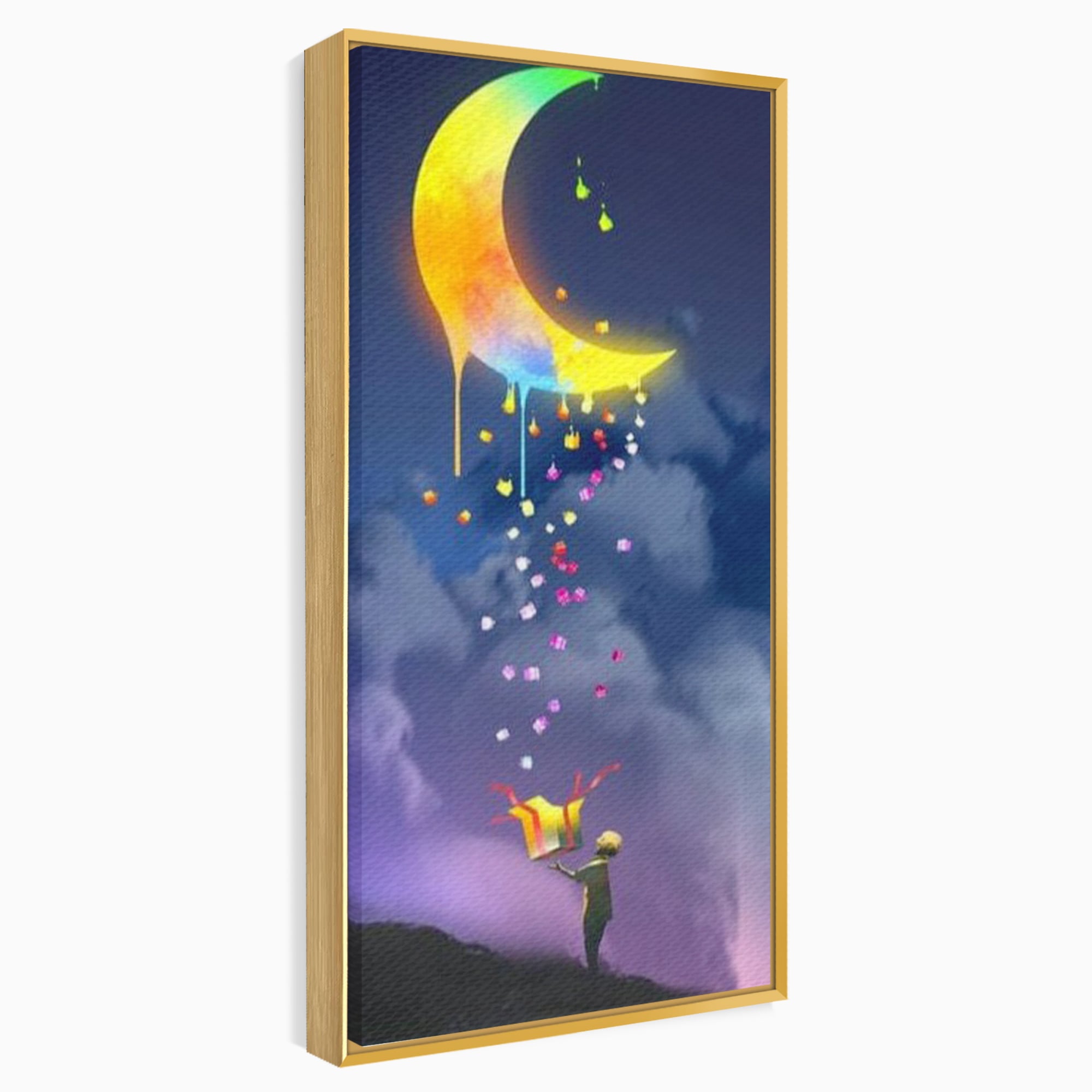 Tablou Canvas Premium, LuxCanva® K1001, Luna Care Daruieste, Curcubeu, Cer, Magie, Cutie, Copil, Ploaie, Stele, Noapte, Daruire, Stelar, Vis, Imaginatie, Camera Copii